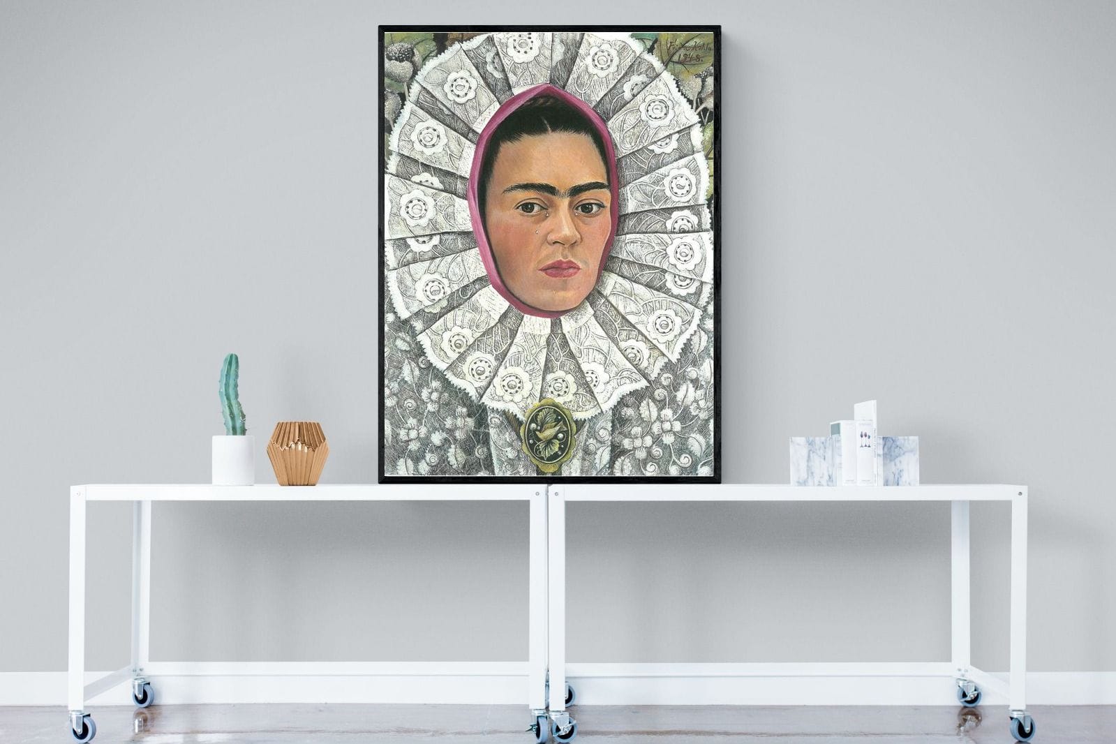 Frida Self-Portrait with Medallion-Wall_Art-90 x 120cm-Mounted Canvas-Black-Pixalot