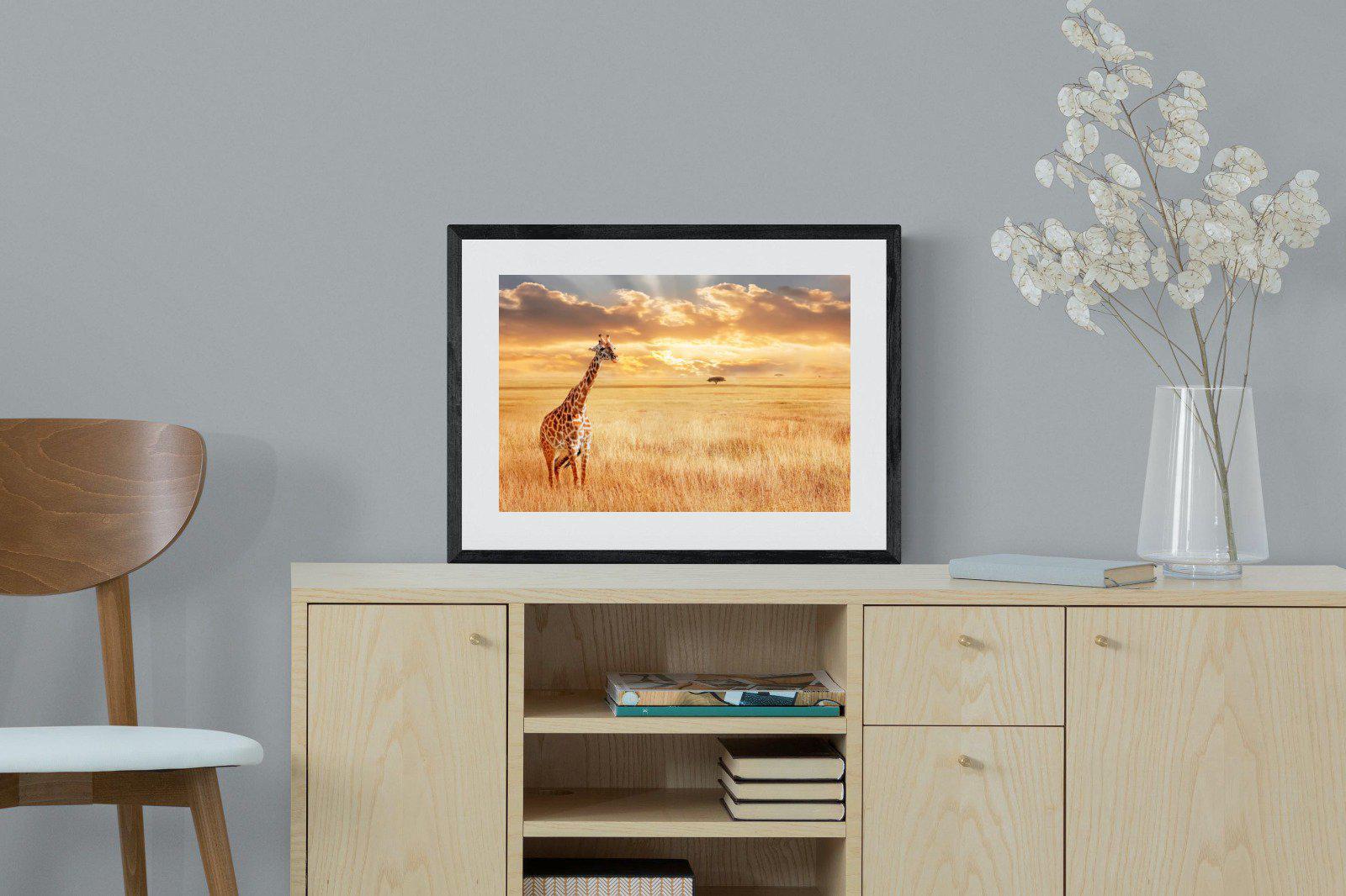 Giraffe Sunset-Wall_Art-60 x 45cm-Framed Print-Black-Pixalot