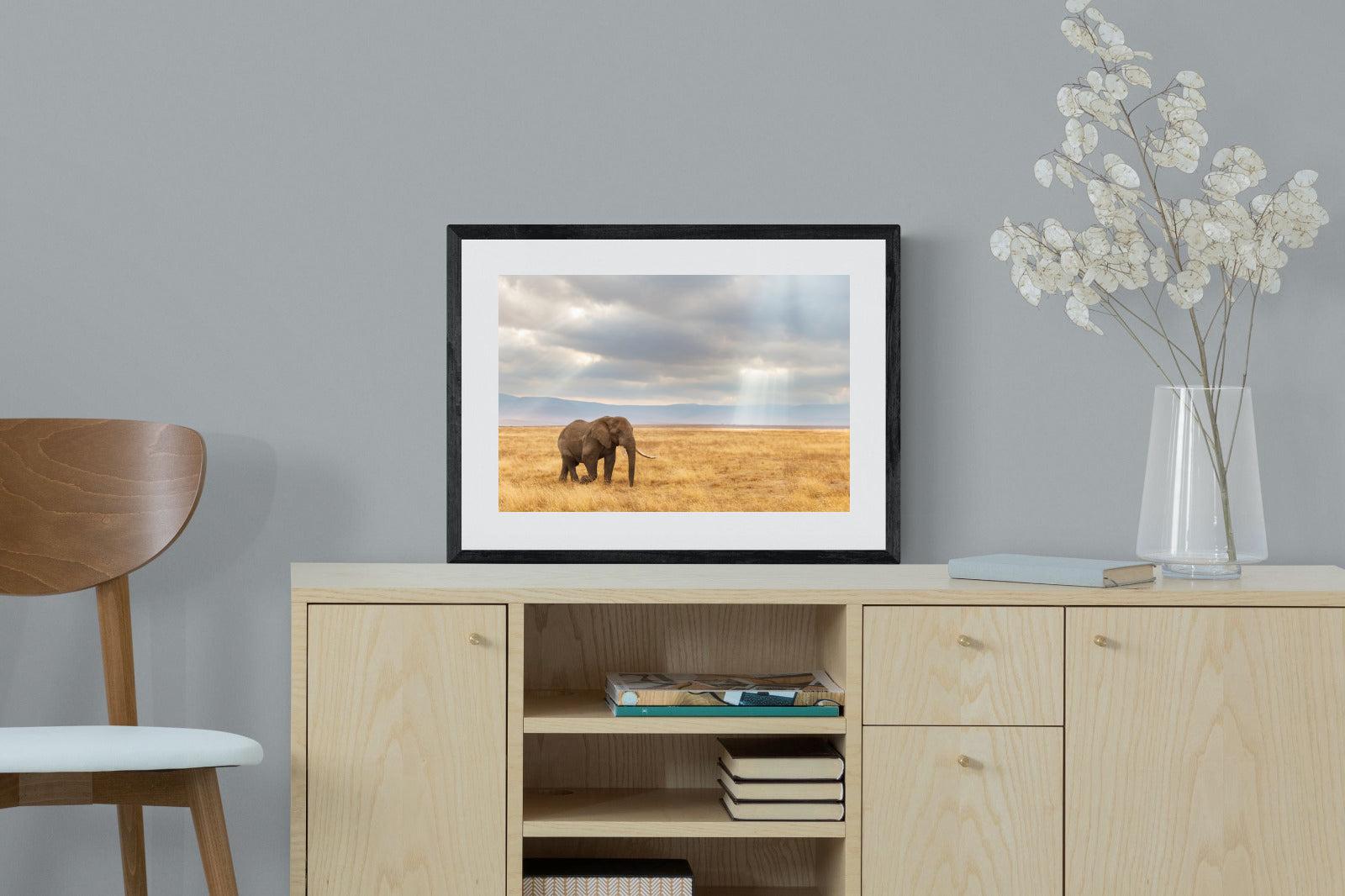 Ngorongoro Ele-Wall_Art-60 x 45cm-Framed Print-Black-Pixalot