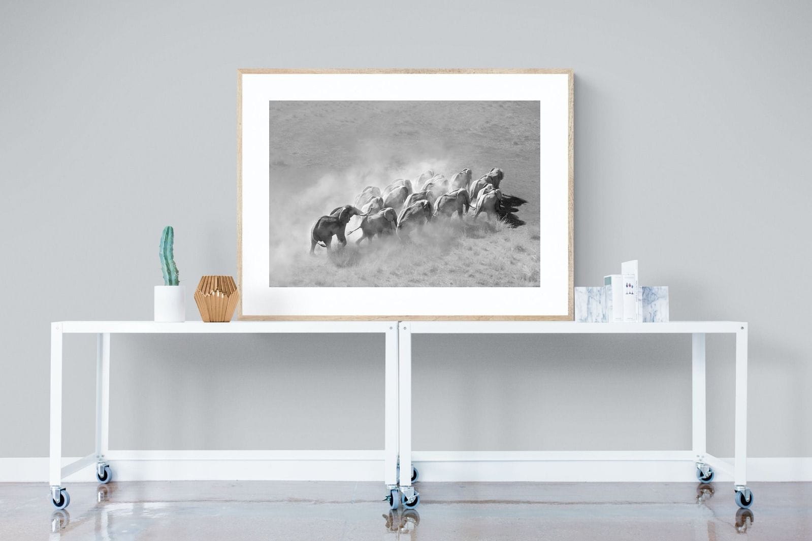 Elephant Convoy (black & white)-Wall_Art-120 x 90cm-Framed Print-Wood-Pixalot