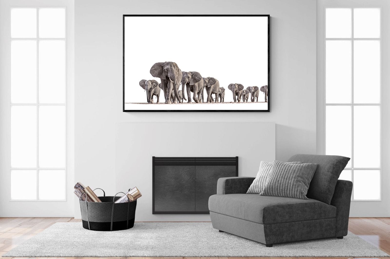 Elephant Convoy (high key)-Wall_Art-150 x 100cm-Mounted Canvas-Black-Pixalot