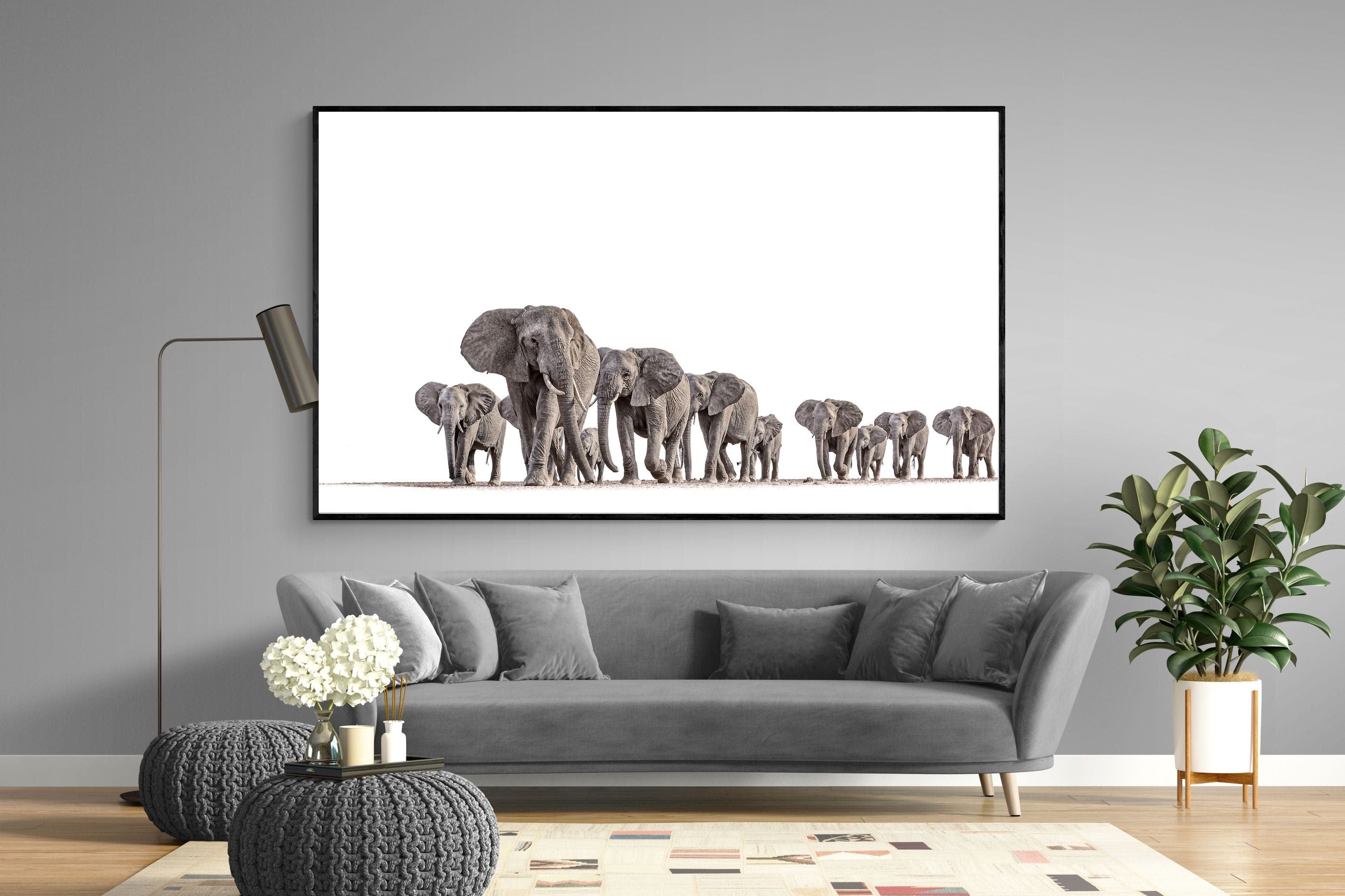 Elephant Convoy (high key)-Wall_Art-220 x 130cm-Mounted Canvas-Black-Pixalot