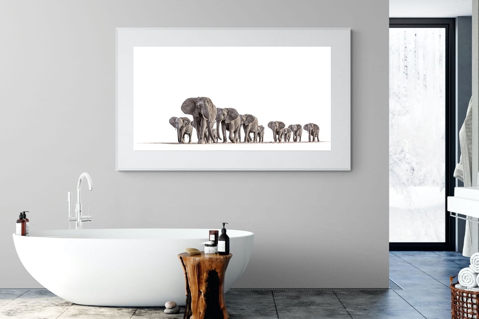 Elephant Convoy (high key)-Wall_Art-180 x 110cm-Framed Print-White-Pixalot