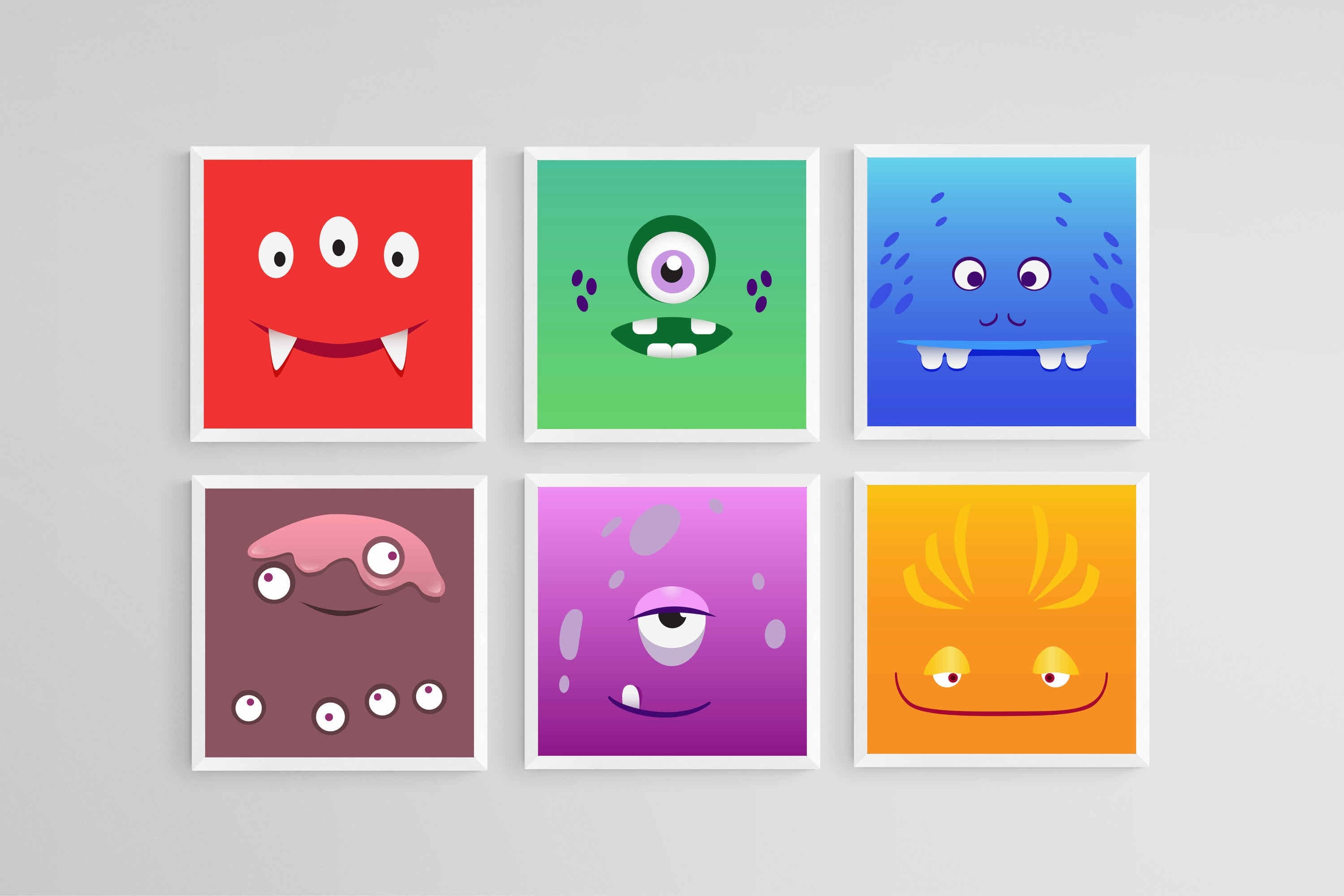 Friendly Monsters Set-Wall_Art-30 x 30cm (x6)-Mounted Canvas-White-Pixalot