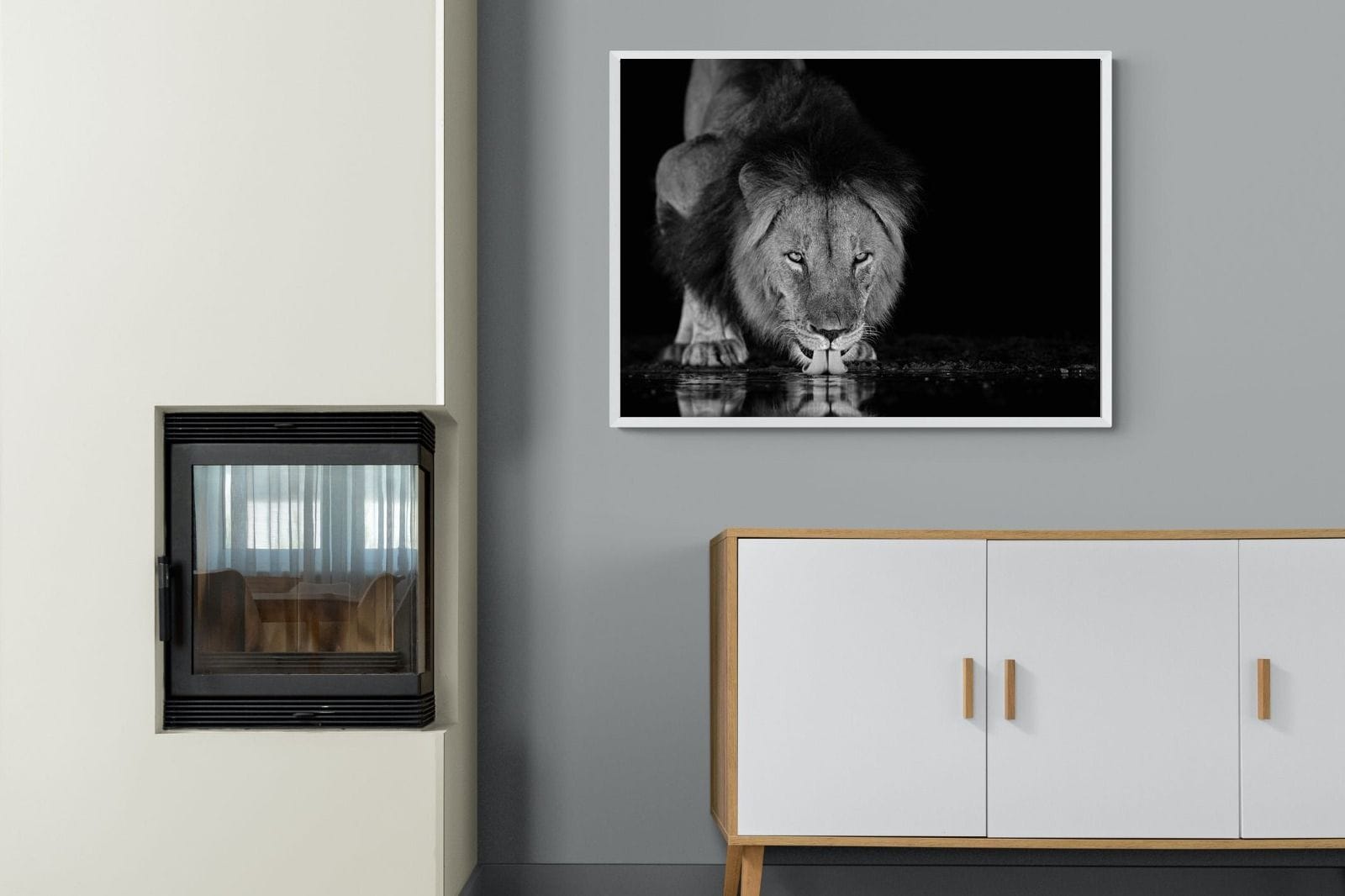 Lion Lake-Wall_Art-100 x 75cm-Mounted Canvas-White-Pixalot