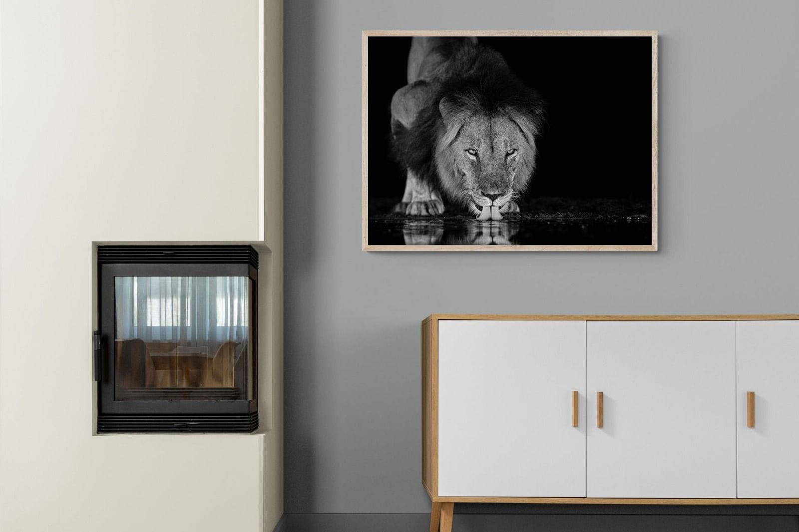 Lion Lake-Wall_Art-100 x 75cm-Mounted Canvas-Wood-Pixalot