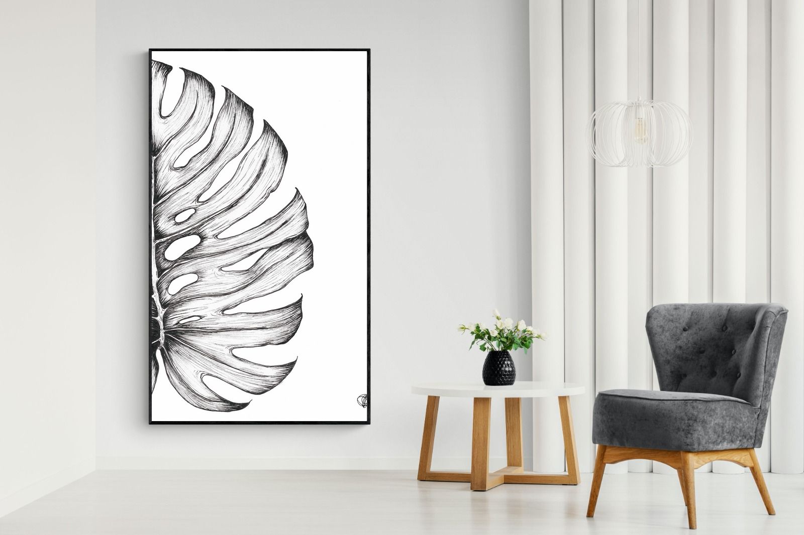 Monstera Illustration-Wall_Art-130 x 220cm-Mounted Canvas-Black-Pixalot