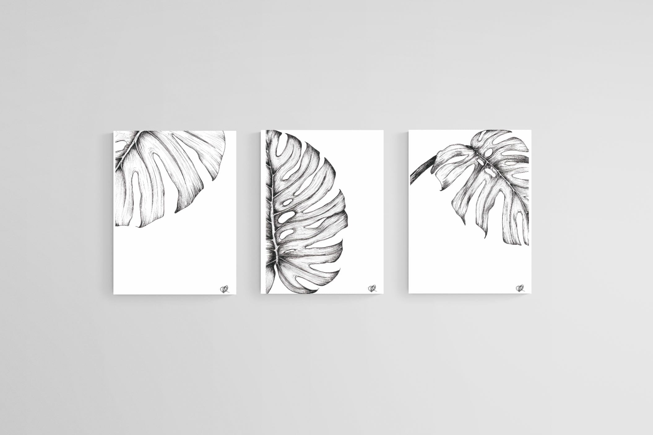 Monstera Illustration Set-Wall_Art-45 x 60cm (x3)-Mounted Canvas-No Frame-Pixalot