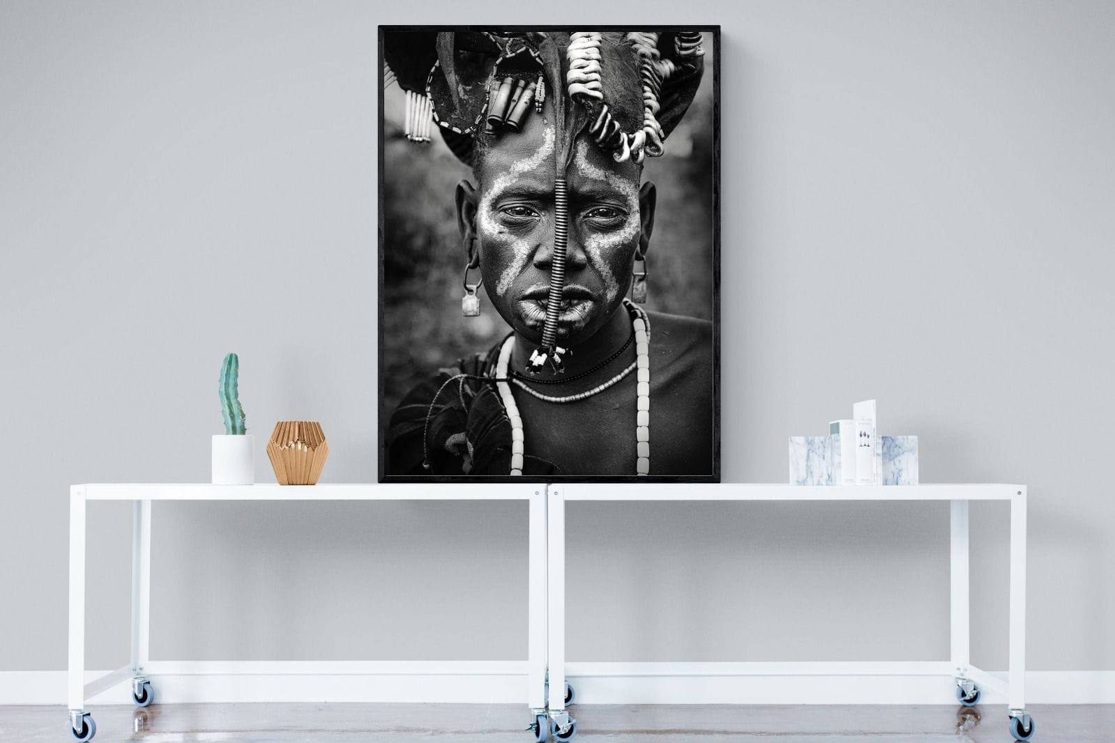 Mursi Tribesman-Wall_Art-90 x 120cm-Mounted Canvas-Black-Pixalot