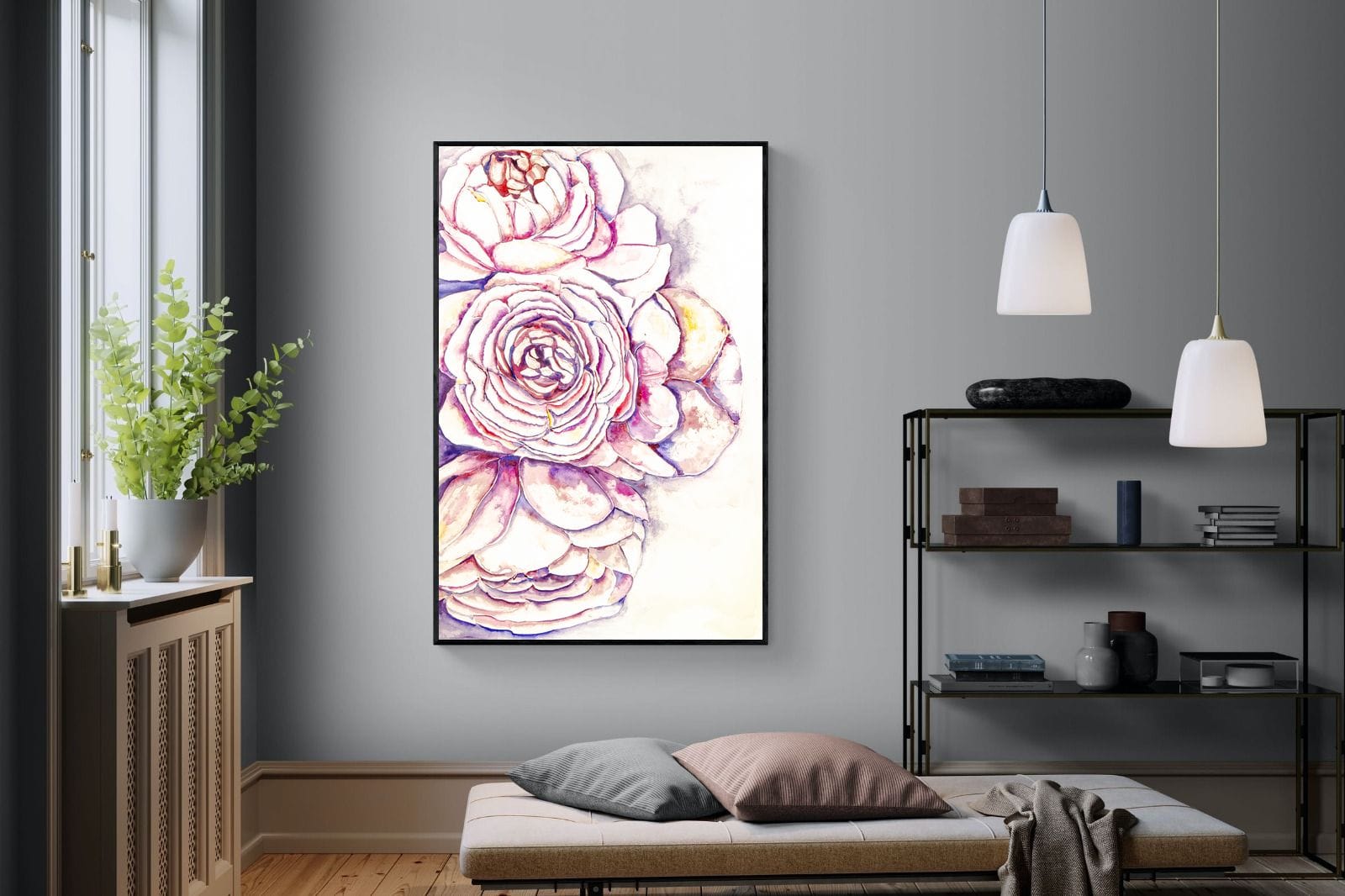 Painted Peonies-Wall_Art-120 x 180cm-Mounted Canvas-Black-Pixalot