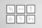 Picasso Animal Sketches-Wall_Art-30 x 30cm (x6)-Mounted Canvas-Black-Pixalot