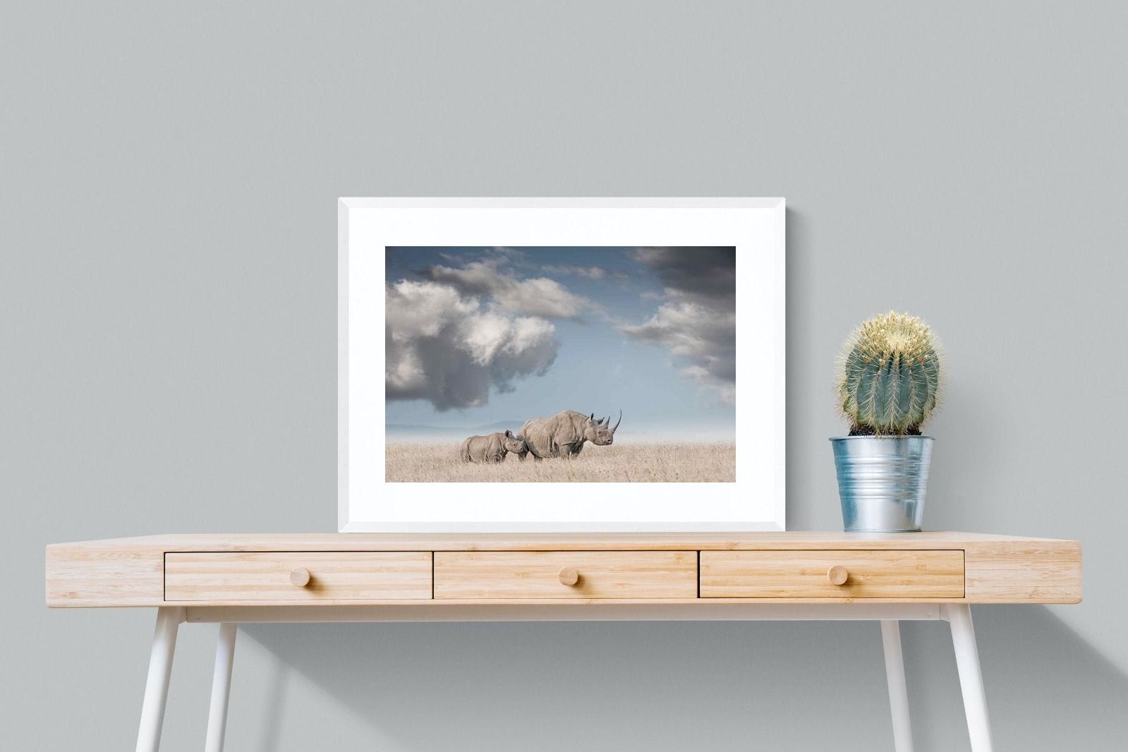 Rhino Mother & Calf-Wall_Art-80 x 60cm-Framed Print-White-Pixalot