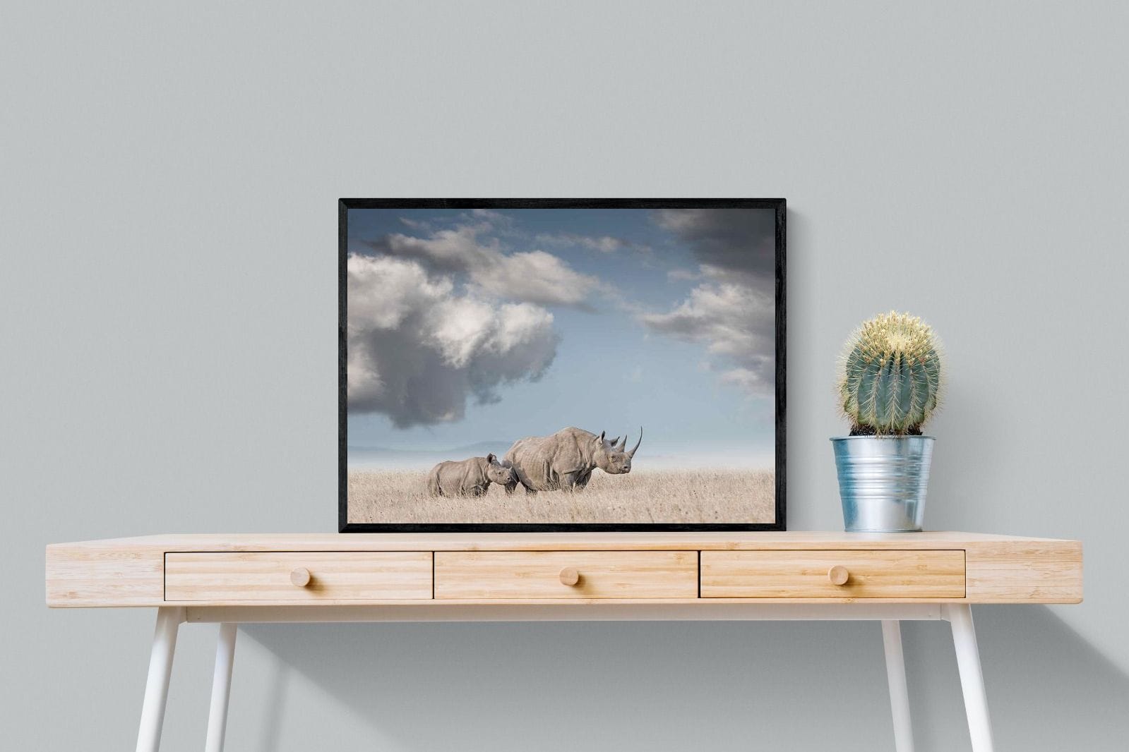 Rhino Mother & Calf-Wall_Art-80 x 60cm-Mounted Canvas-Black-Pixalot