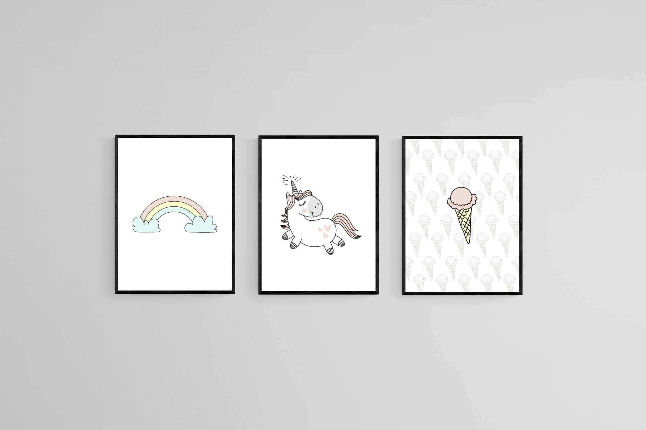 Unicorn & Rainbow Set-Wall_Art-45 x 60cm (x3)-Mounted Canvas-Black-Pixalot