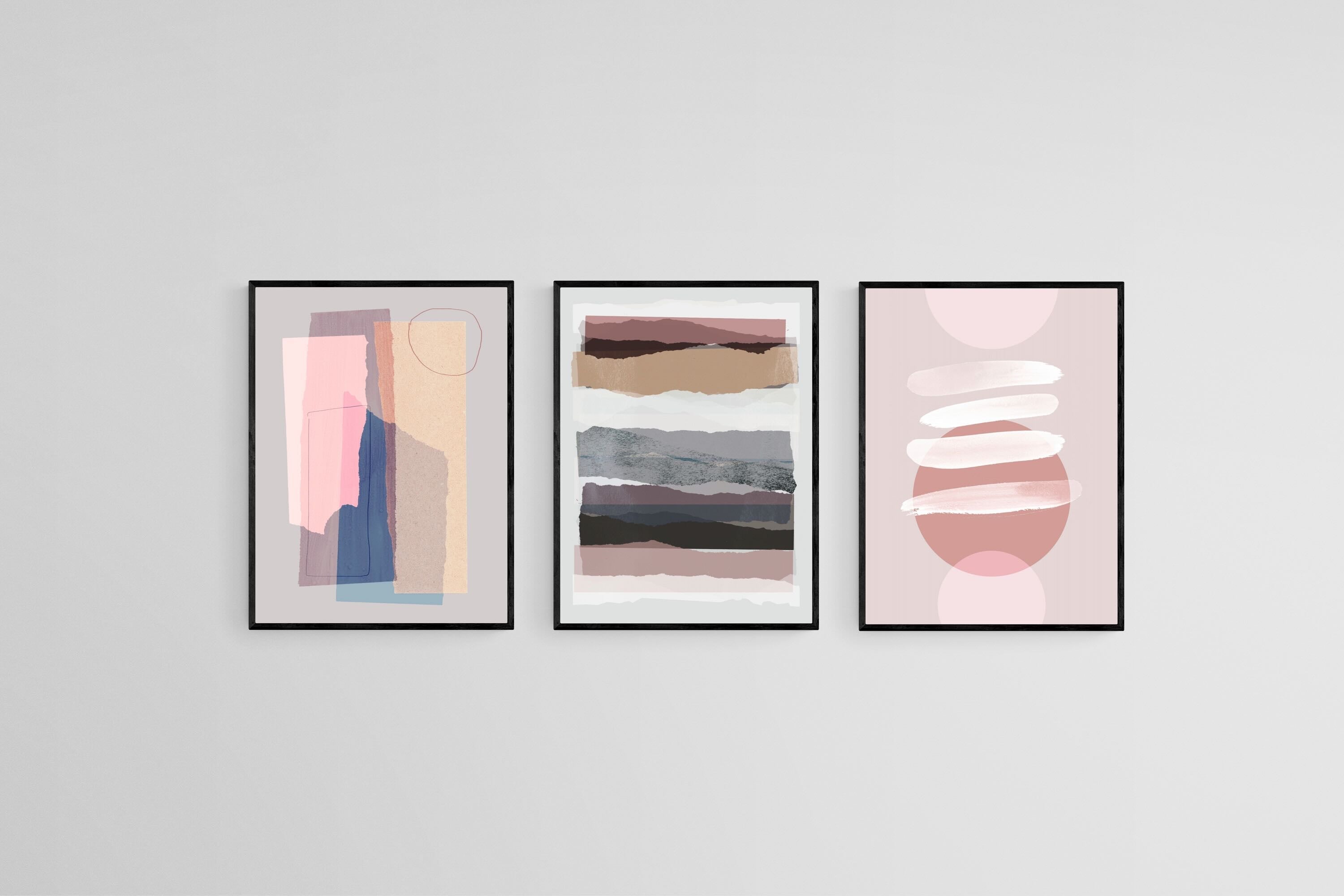 Abstract Pink Set-Wall_Art-45 x 60cm (x3)-Mounted Canvas-Black-Pixalot