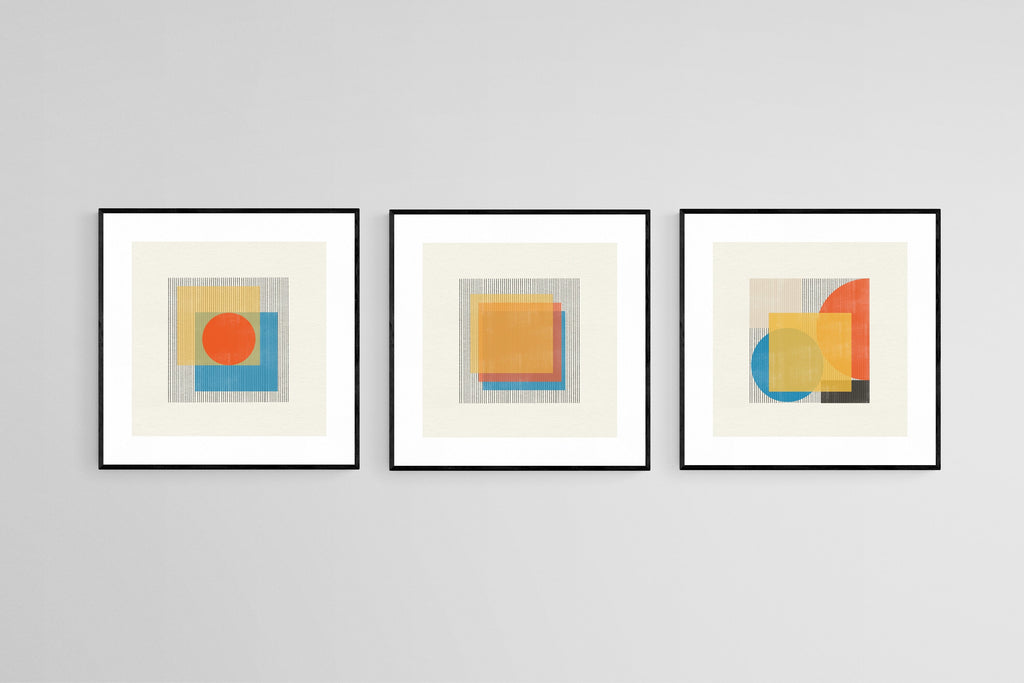 Bauhaus Square Set-Wall_Art-50 x 50cm (x3)-Framed Print-Black-Pixalot
