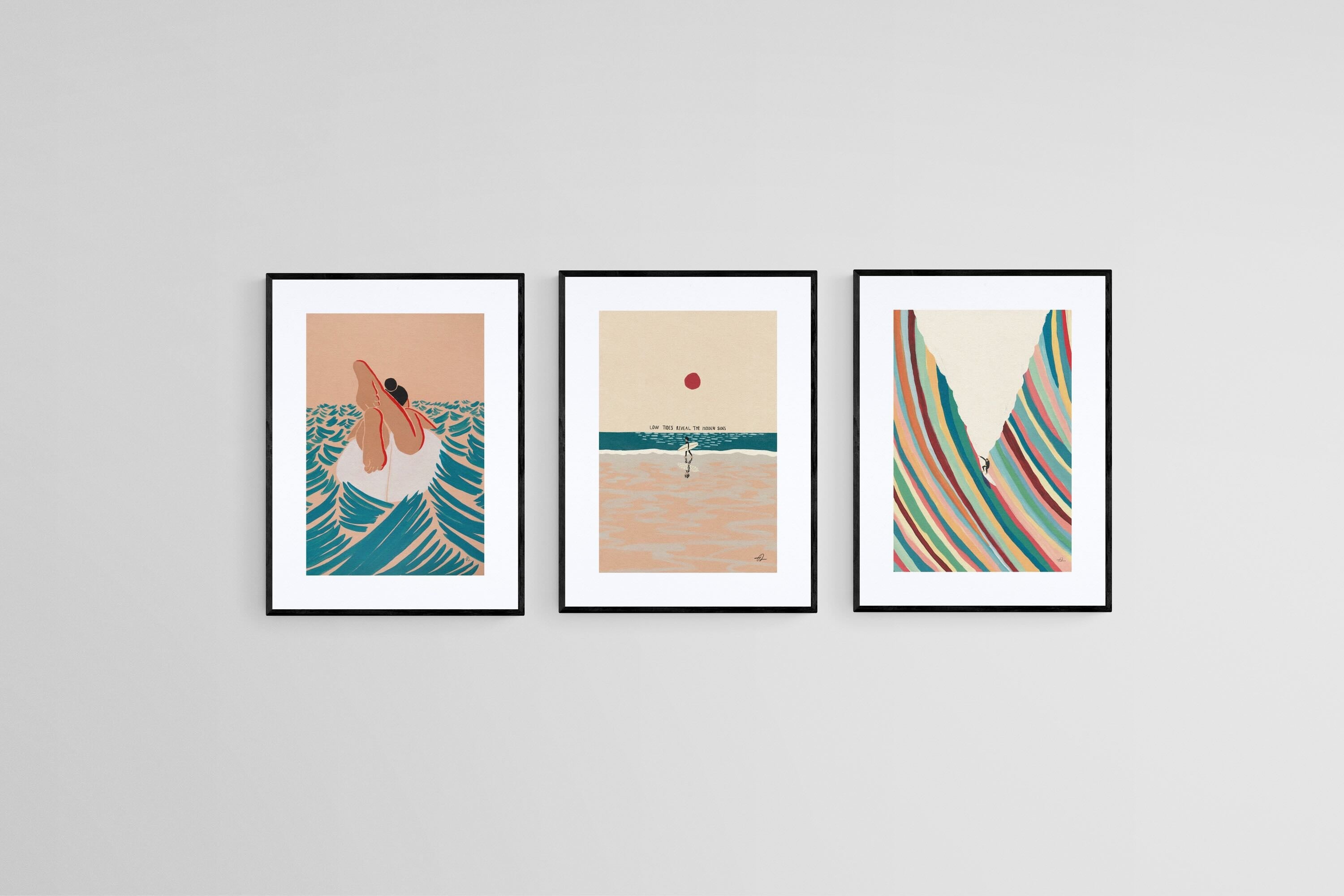 Illustrative Surfer Set-Wall_Art-45 x 60cm (x3)-Framed Print-Black-Pixalot