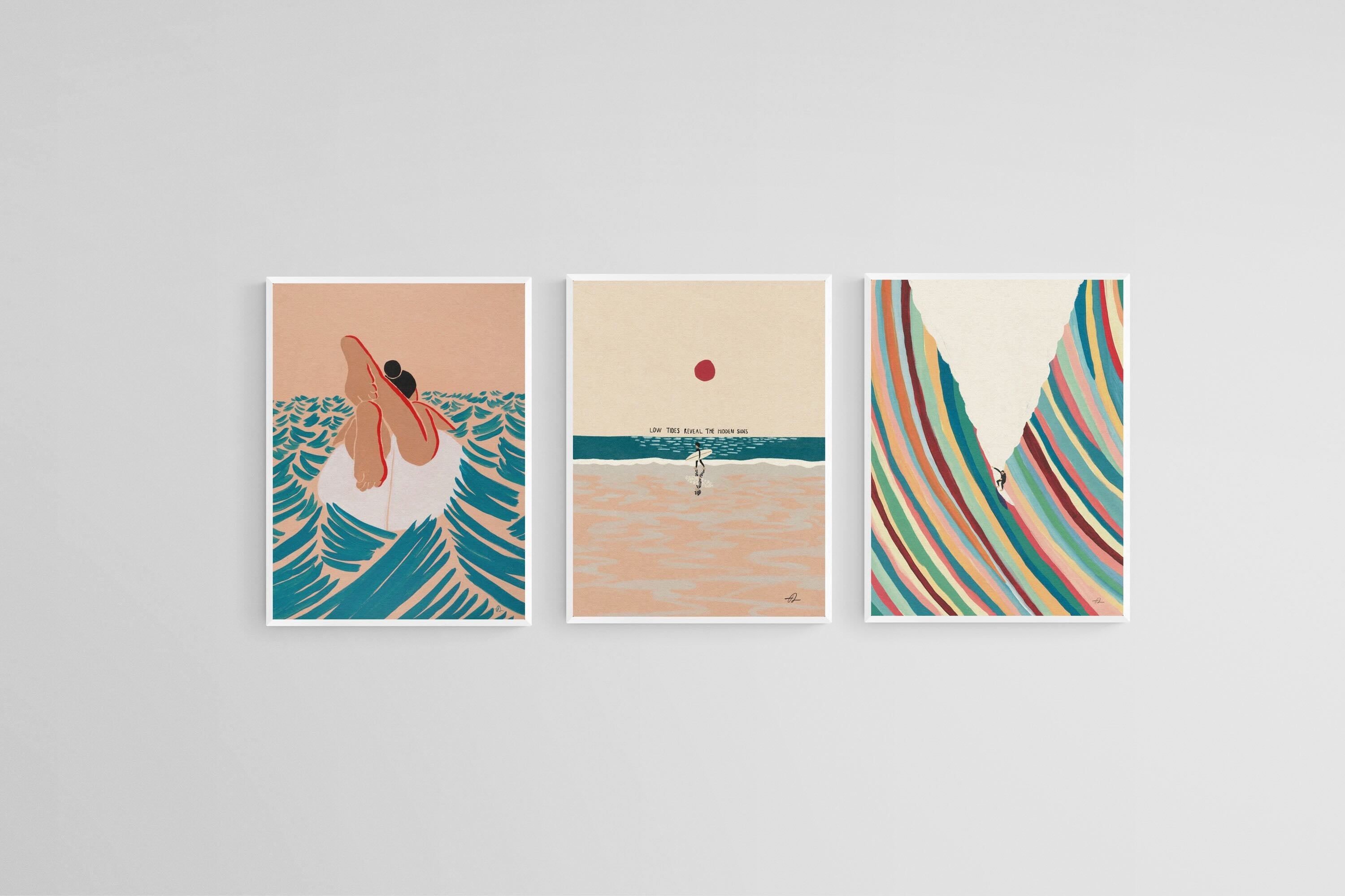 Illustrative Surfer Set-Wall_Art-45 x 60cm (x3)-Mounted Canvas-White-Pixalot