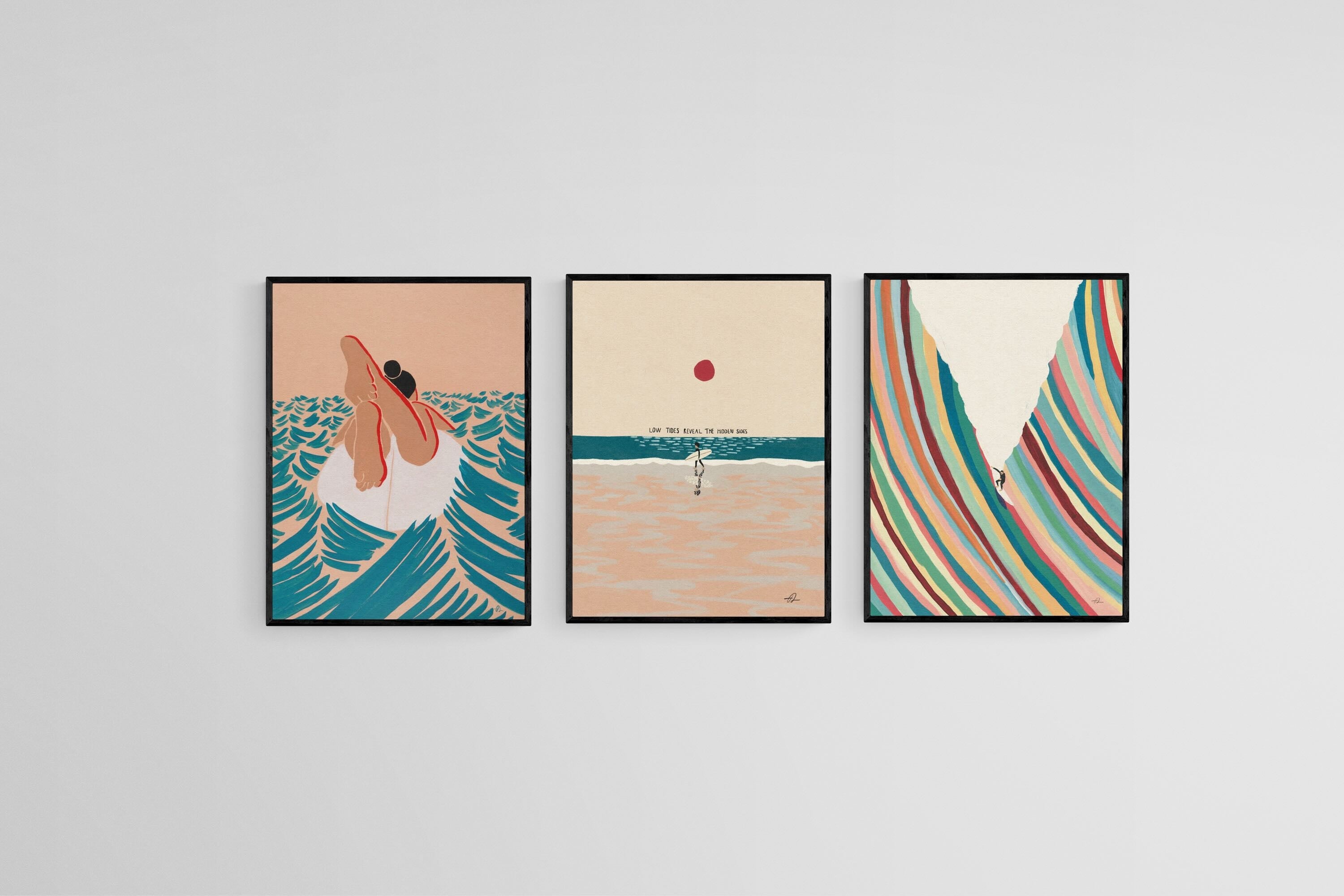 Illustrative Surfer Set-Wall_Art-45 x 60cm (x3)-Mounted Canvas-Black-Pixalot