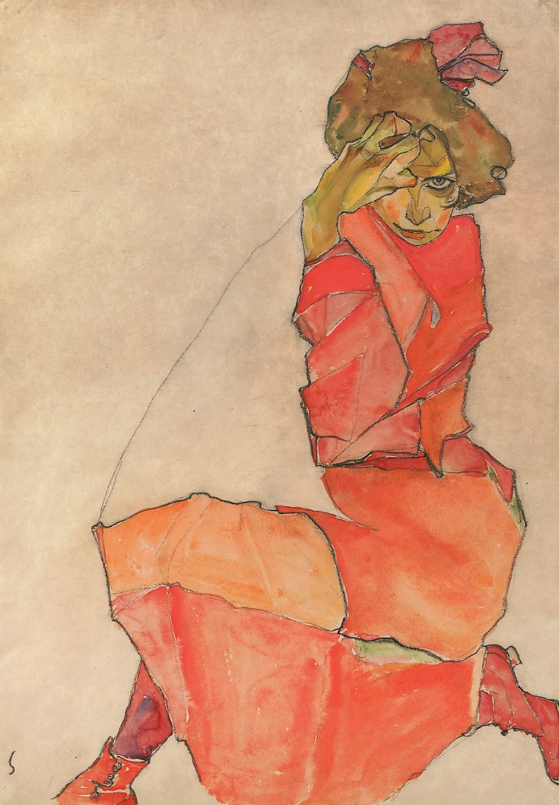 Kneeling Female in Orange-Red Dress-Wall_Art-Pixalot
