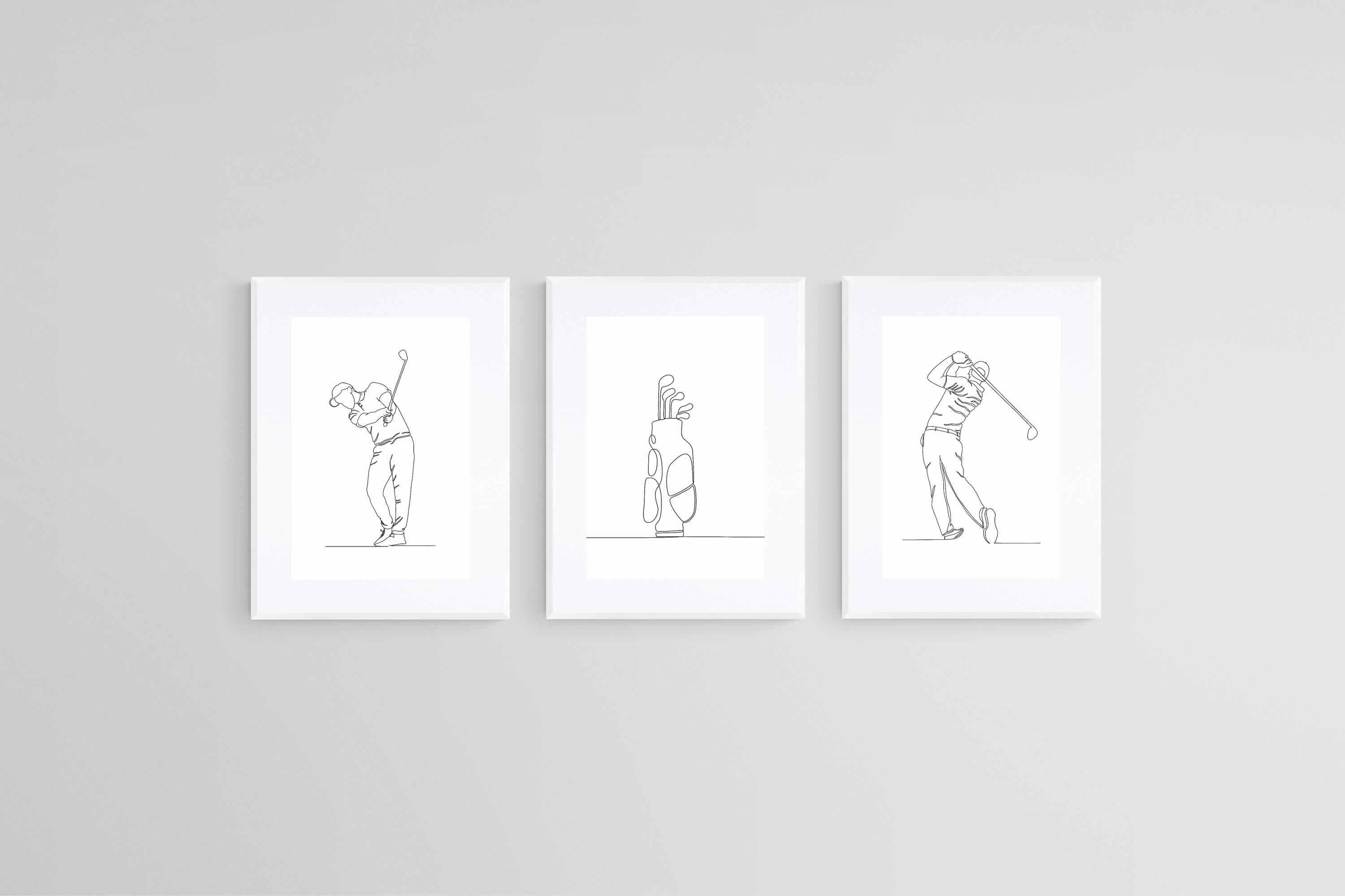 Line Drawn Golfer Set-Wall_Art-45 x 60cm (x3)-Framed Print-White-Pixalot