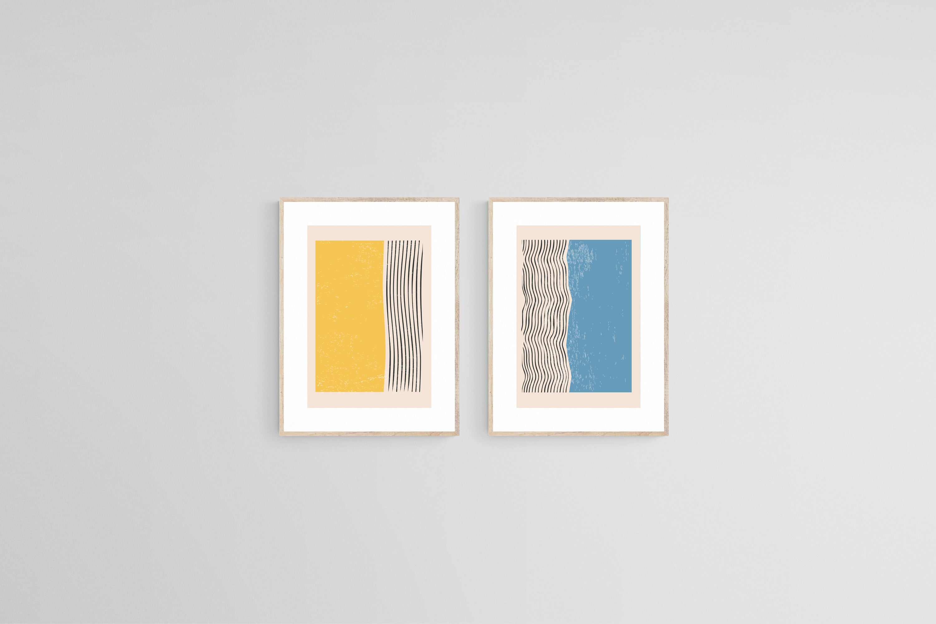 Lines with Yellow & Blue Set-Wall_Art-45 x 60cm (x2)-Framed Print-Wood-Pixalot