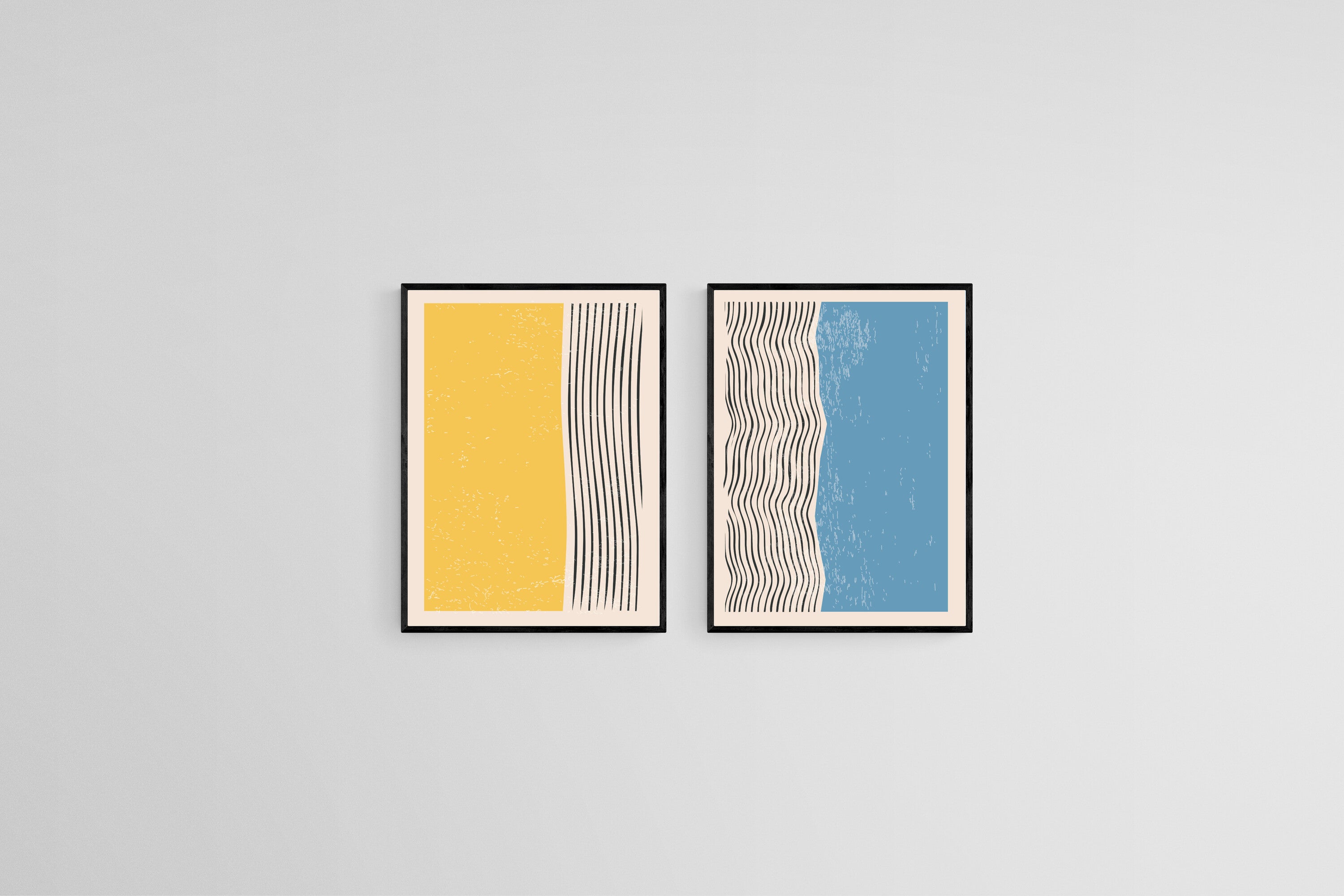 Lines with Yellow & Blue Set-Wall_Art-45 x 60cm (x2)-Mounted Canvas-Black-Pixalot
