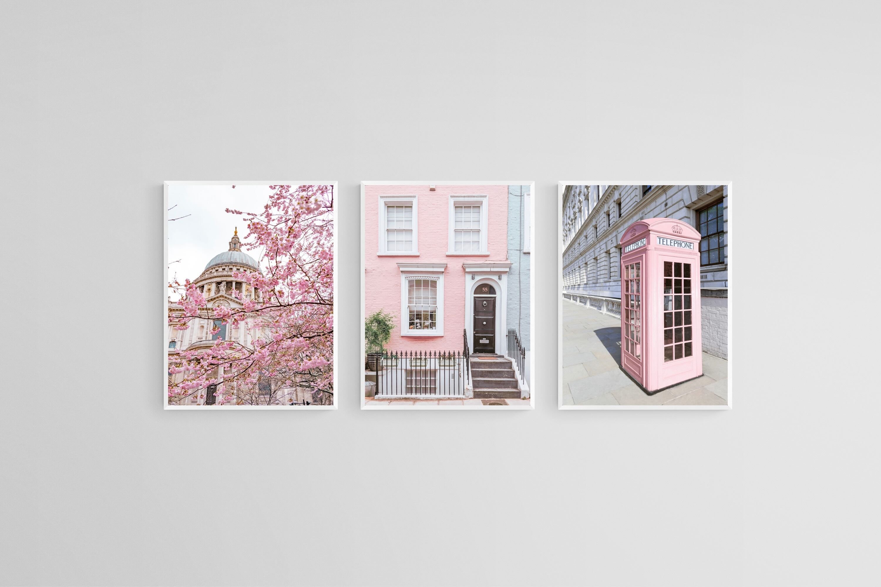 Pink London Set-Wall_Art-45 x 60cm (x3)-Mounted Canvas-White-Pixalot