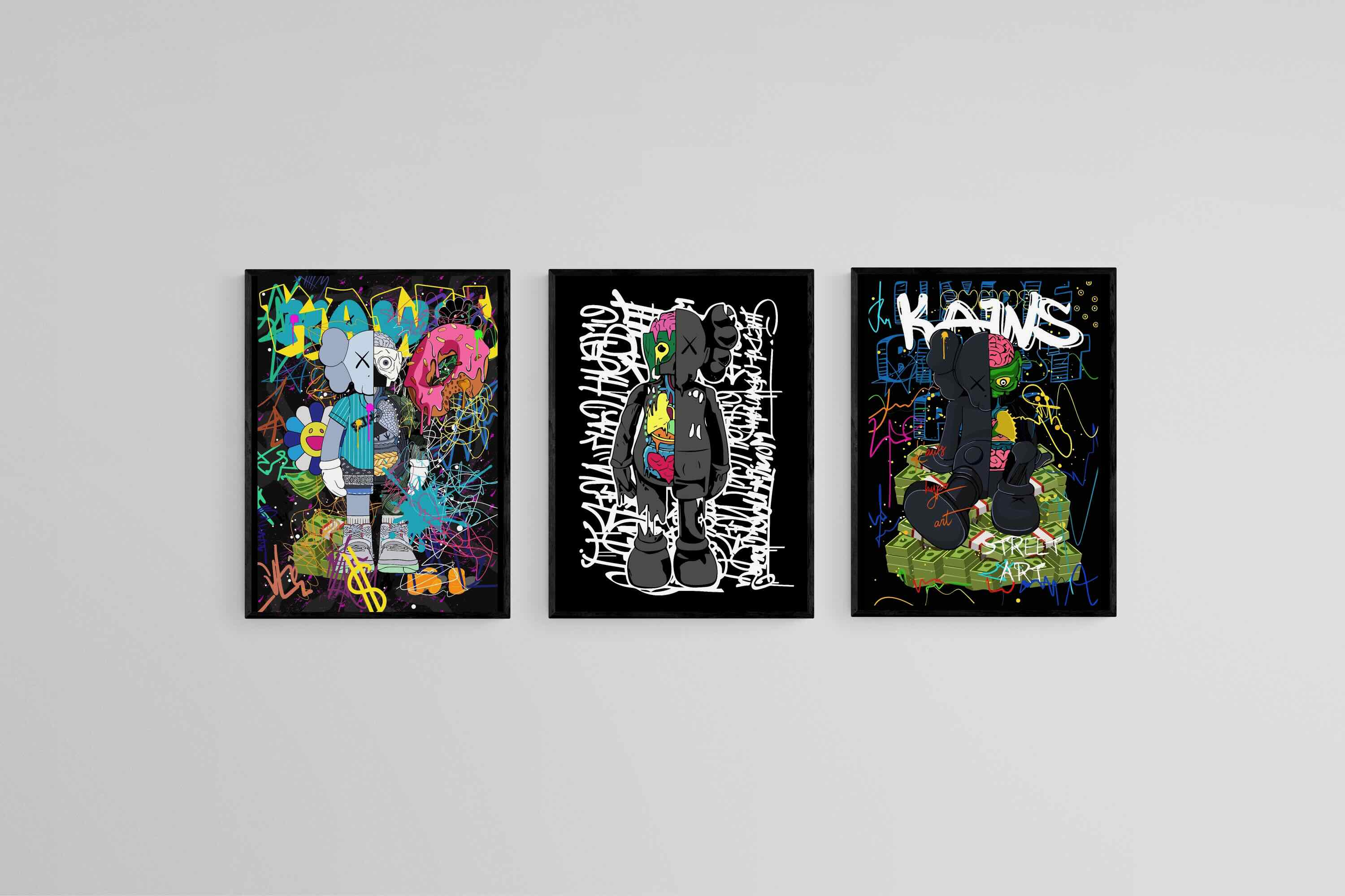 Street Art KAWS Set-Wall_Art-45 x 60cm (x3)-Mounted Canvas-Black-Pixalot
