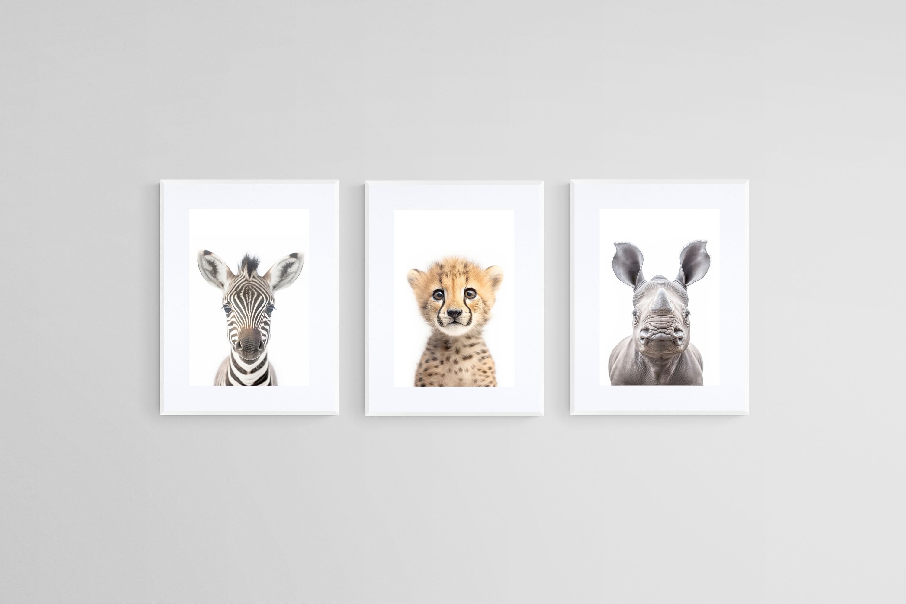 Zebra Cheetah Rhino Set-Wall_Art-45 x 60cm (x3)-Framed Print-White-Pixalot