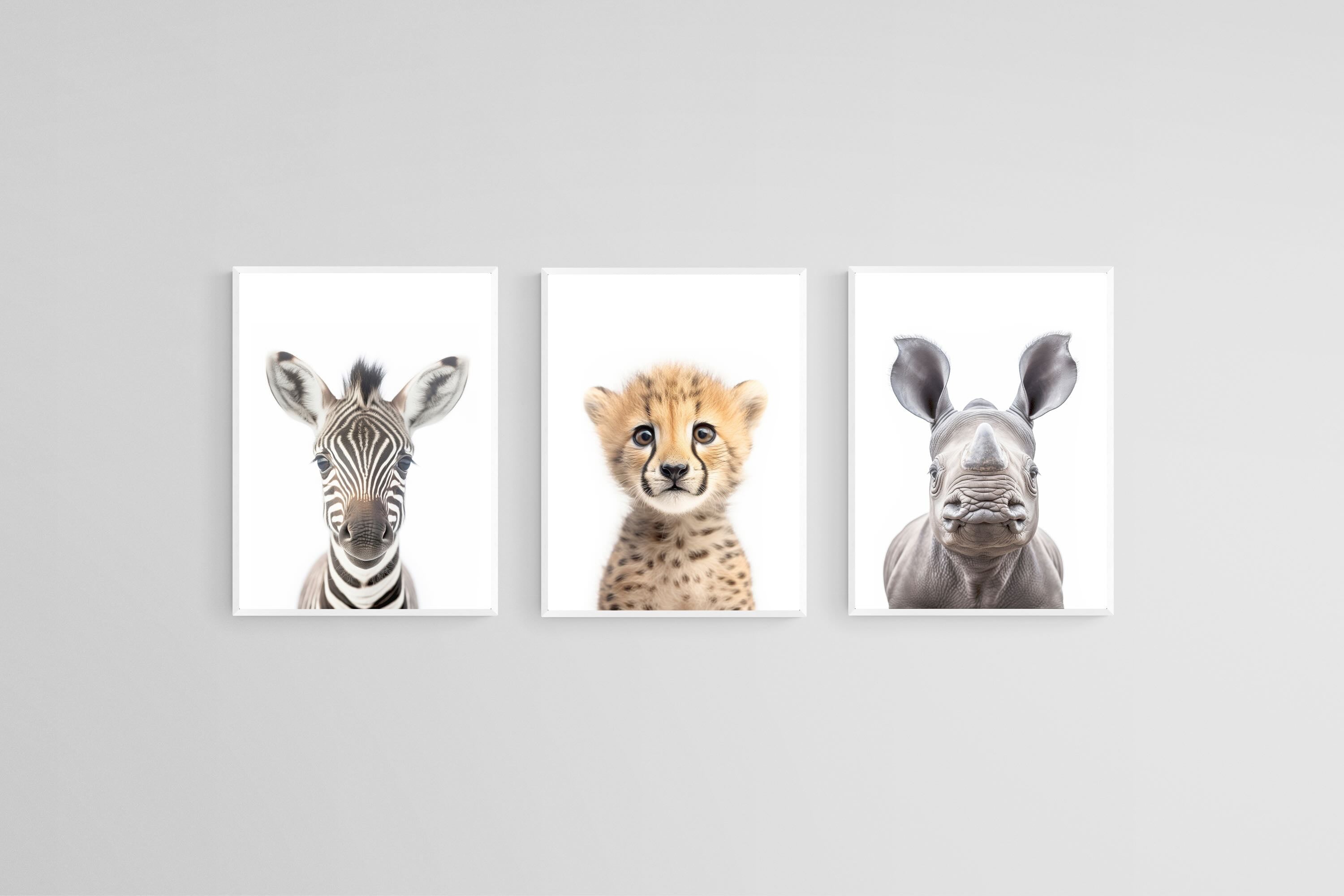 Zebra Cheetah Rhino Set-Wall_Art-45 x 60cm (x3)-Mounted Canvas-White-Pixalot