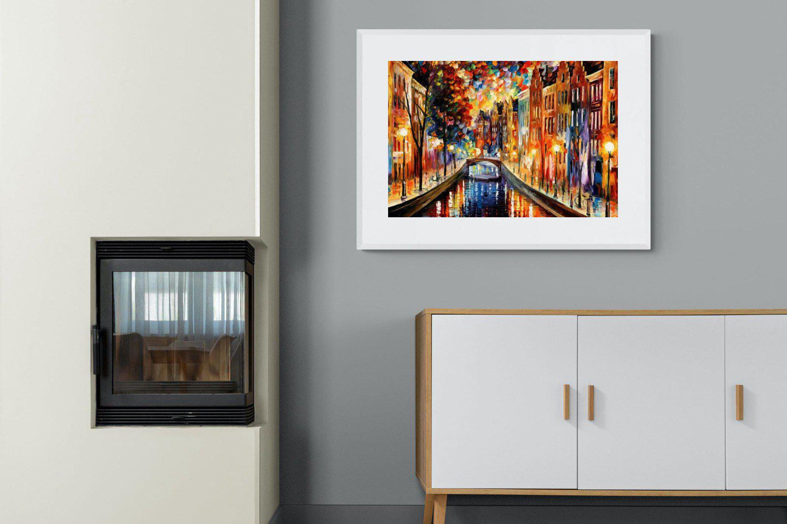 Amsterdam Night Canal-Wall_Art-100 x 75cm-Framed Print-White-Pixalot
