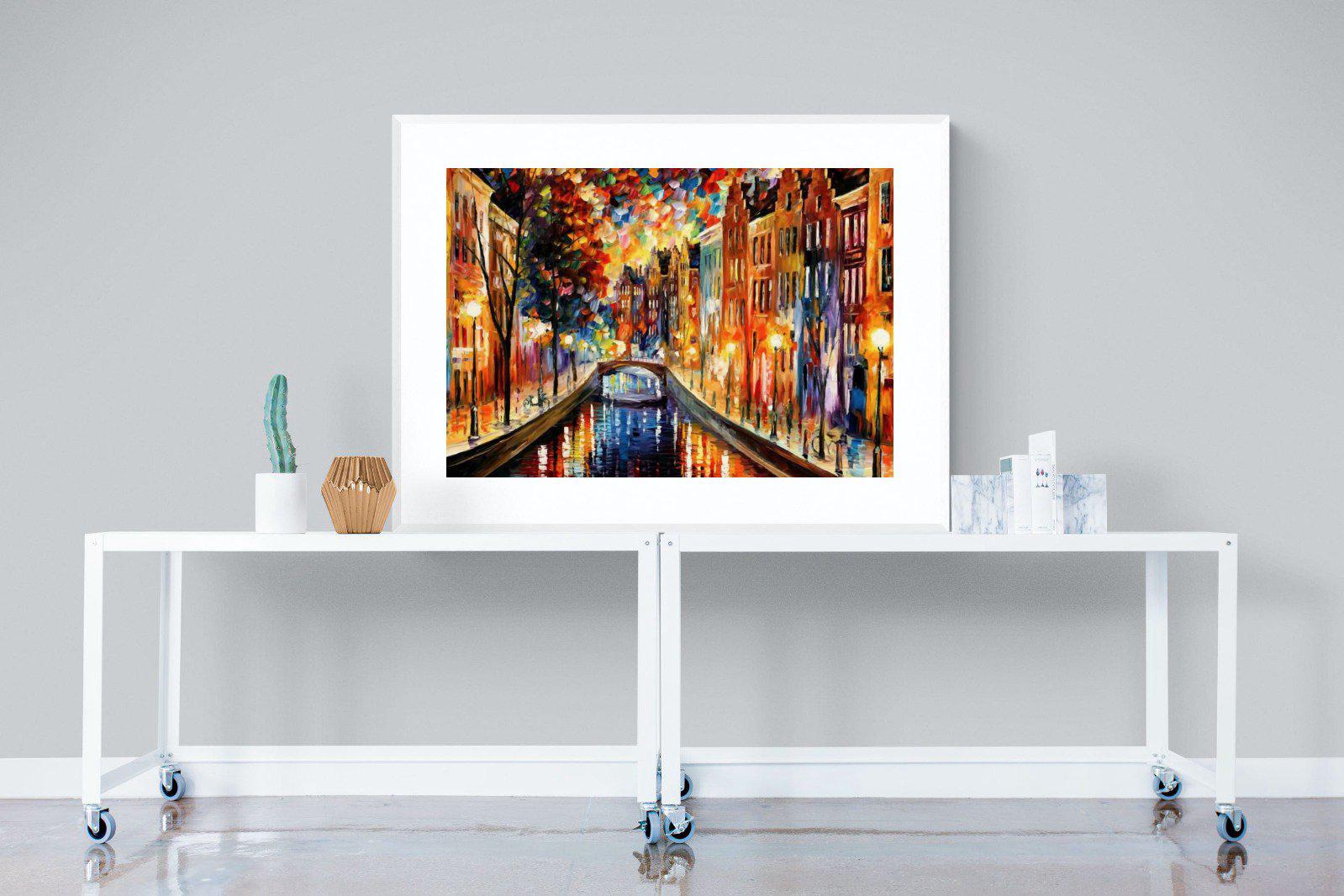 Amsterdam Night Canal-Wall_Art-120 x 90cm-Framed Print-White-Pixalot