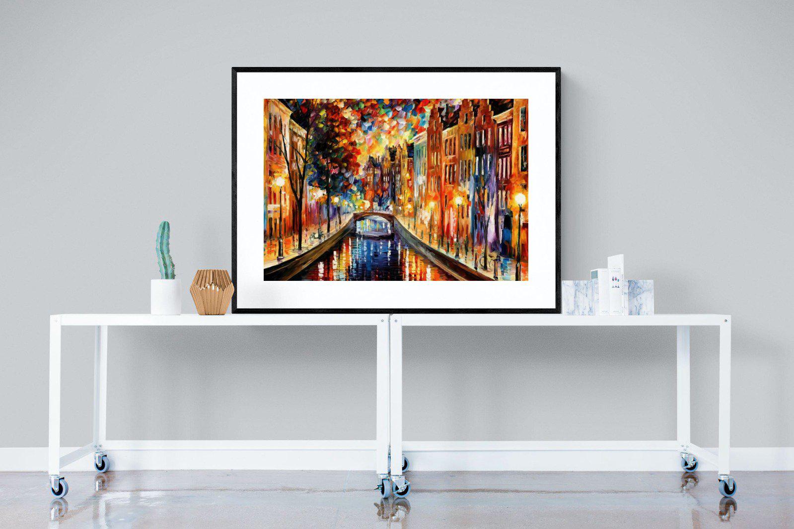 Amsterdam Night Canal-Wall_Art-120 x 90cm-Framed Print-Black-Pixalot