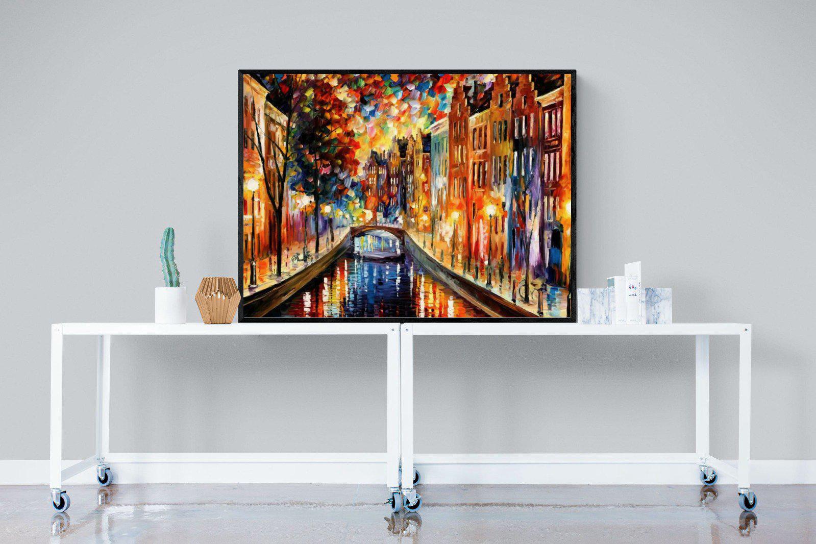 Amsterdam Night Canal-Wall_Art-120 x 90cm-Mounted Canvas-Black-Pixalot