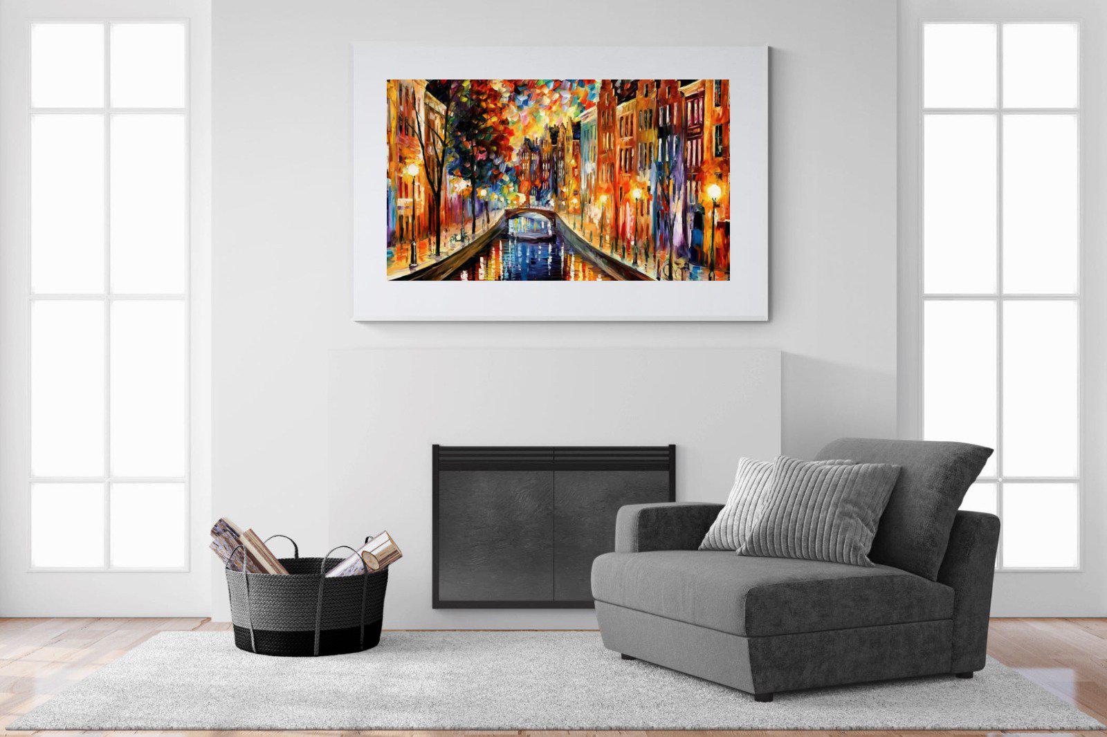 Amsterdam Night Canal-Wall_Art-150 x 100cm-Framed Print-White-Pixalot