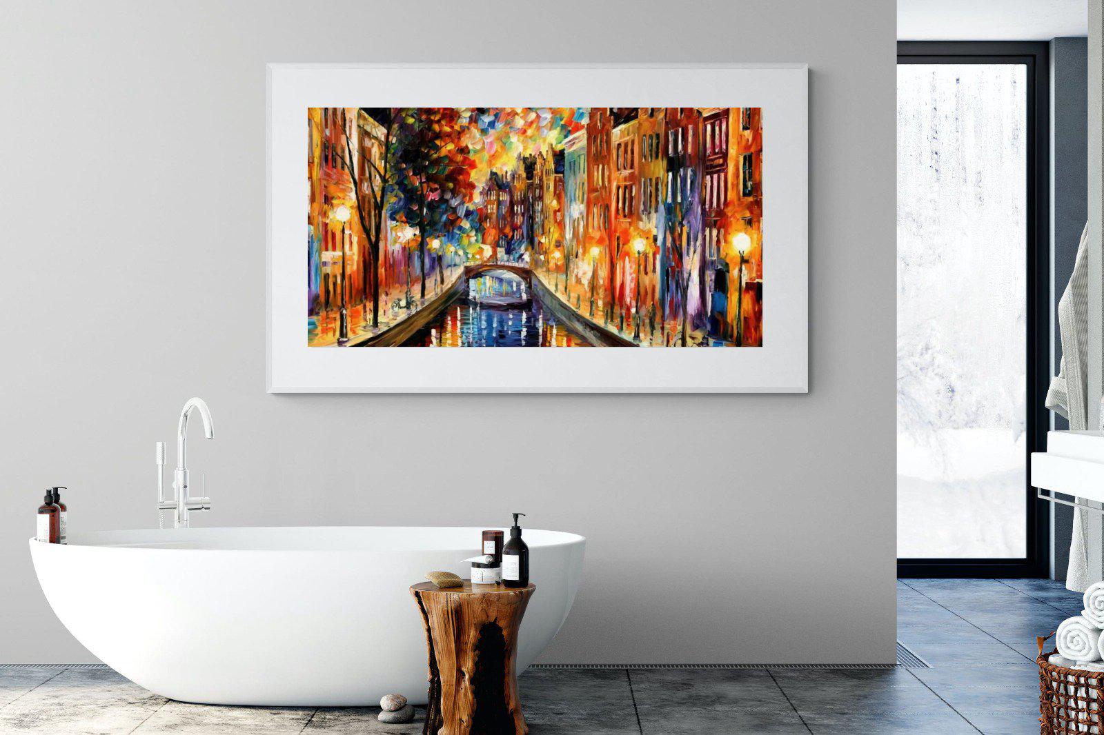 Amsterdam Night Canal-Wall_Art-180 x 110cm-Framed Print-White-Pixalot