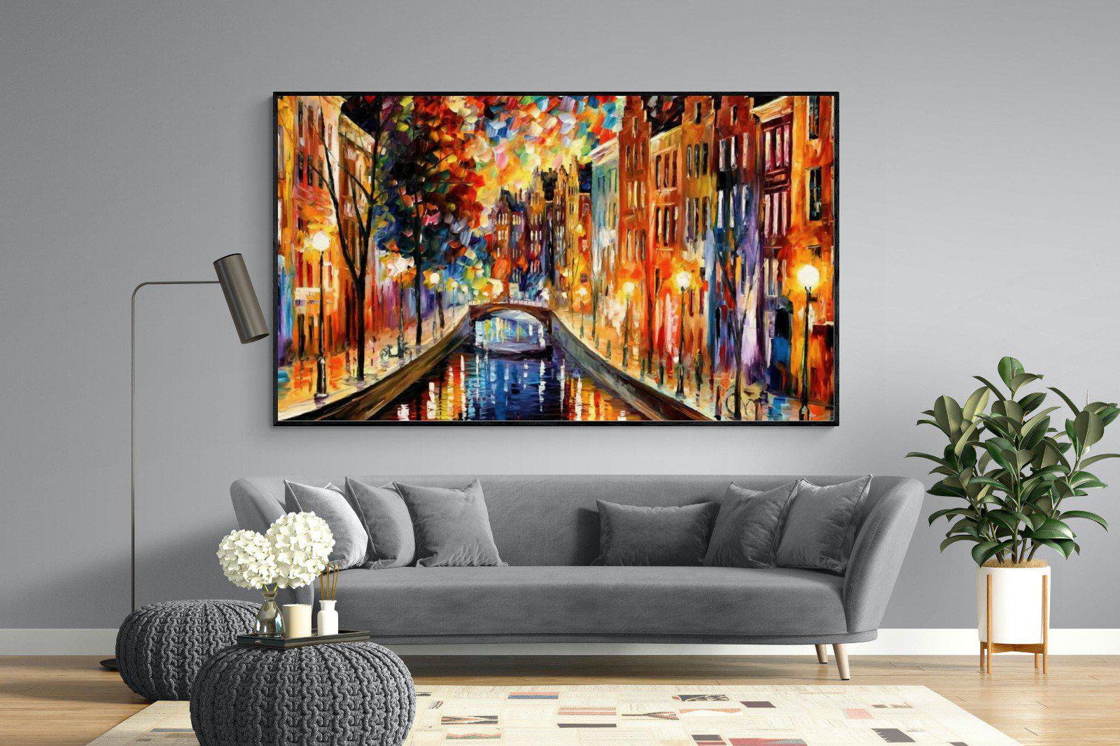Amsterdam Night Canal-Wall_Art-220 x 130cm-Mounted Canvas-Black-Pixalot