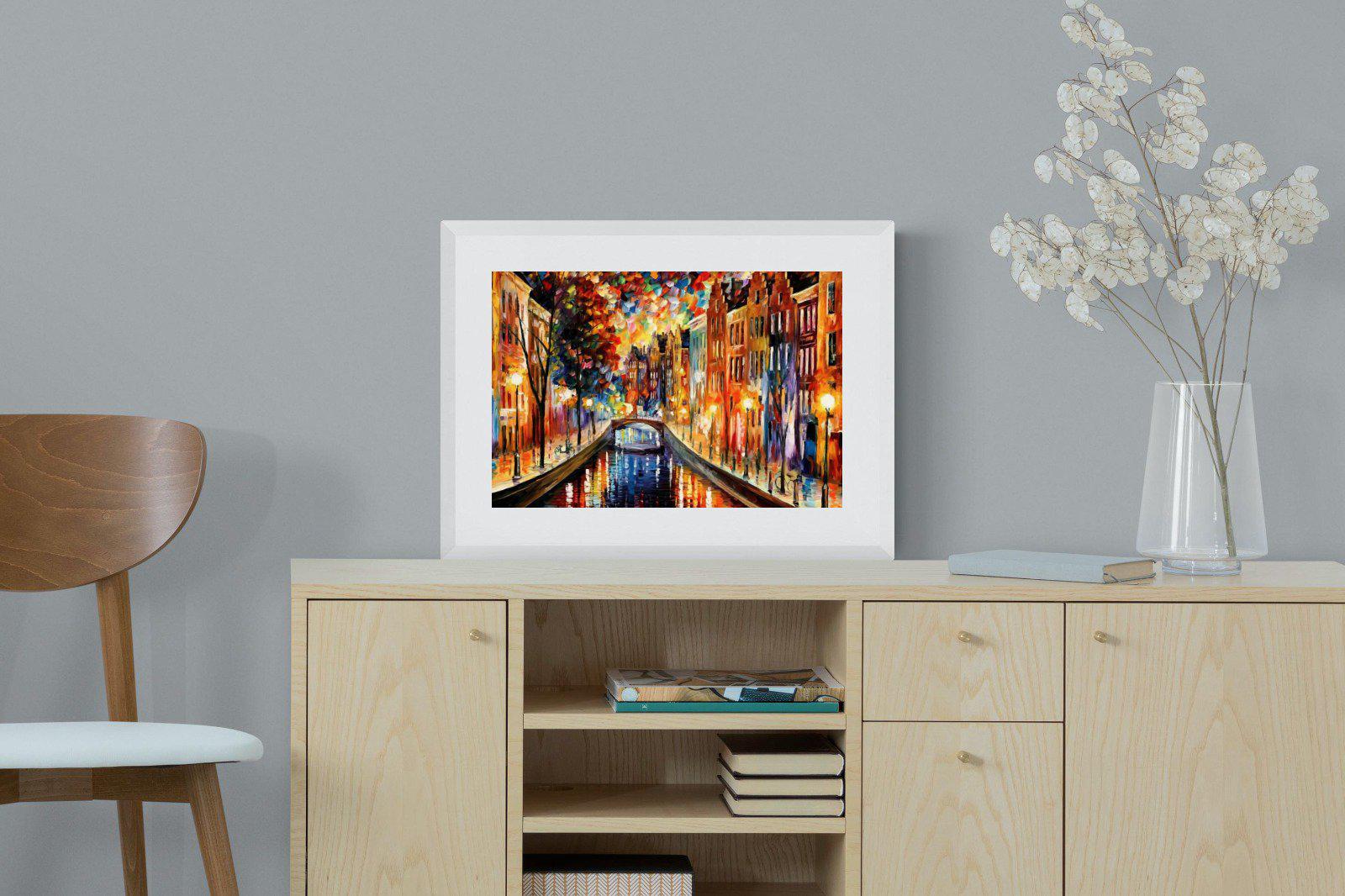 Amsterdam Night Canal-Wall_Art-60 x 45cm-Framed Print-White-Pixalot