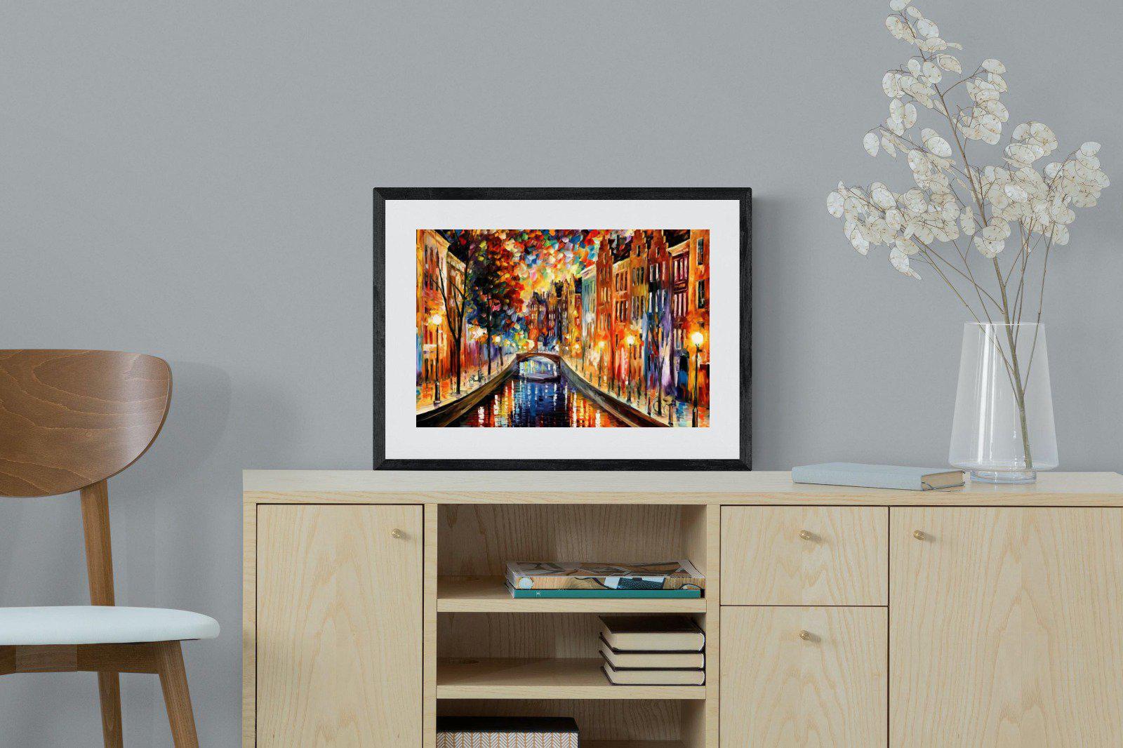 Amsterdam Night Canal-Wall_Art-60 x 45cm-Framed Print-Black-Pixalot