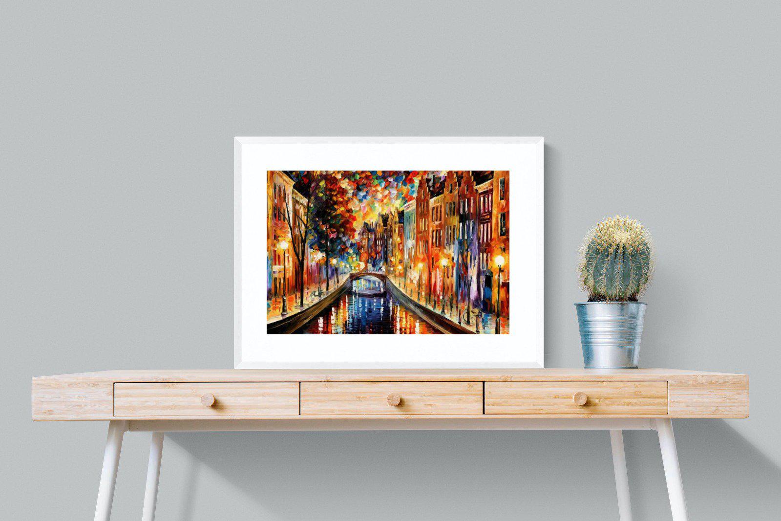 Amsterdam Night Canal-Wall_Art-80 x 60cm-Framed Print-White-Pixalot