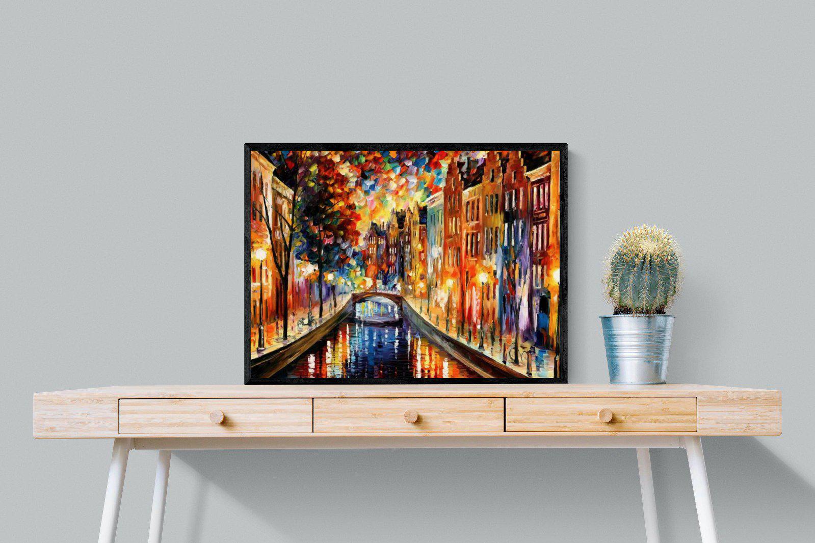 Amsterdam Night Canal-Wall_Art-80 x 60cm-Mounted Canvas-Black-Pixalot