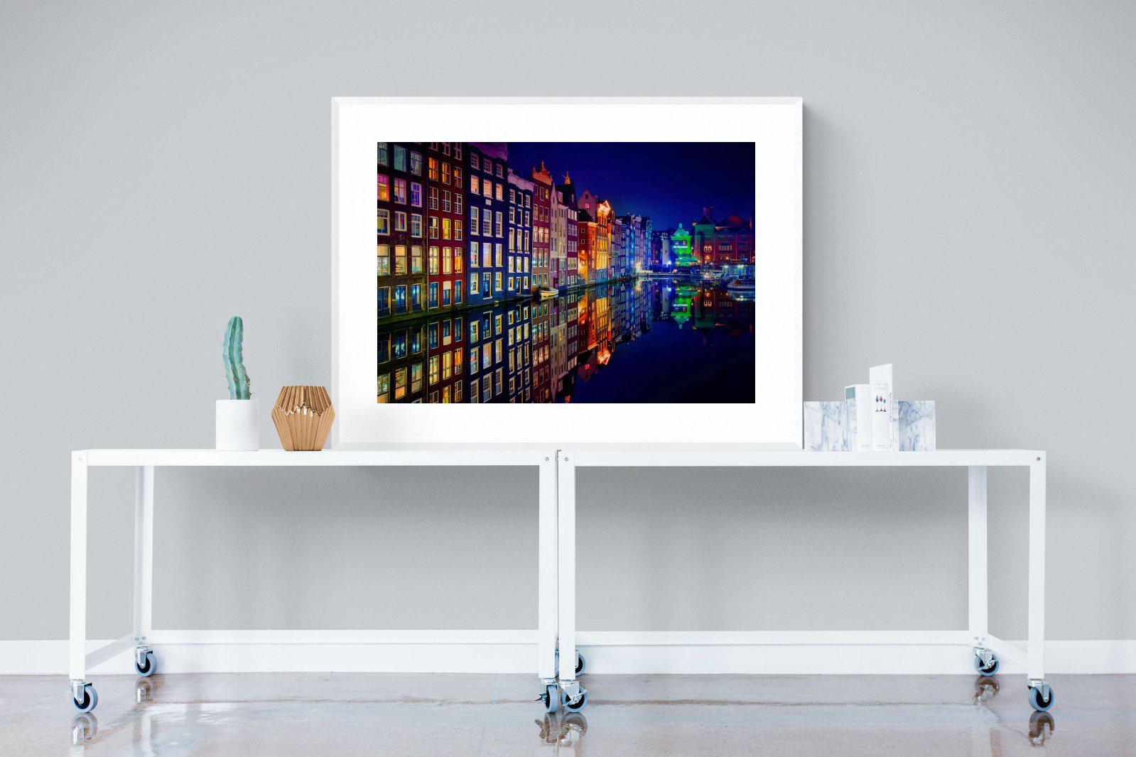 Amsterdam Night-Wall_Art-120 x 90cm-Framed Print-White-Pixalot