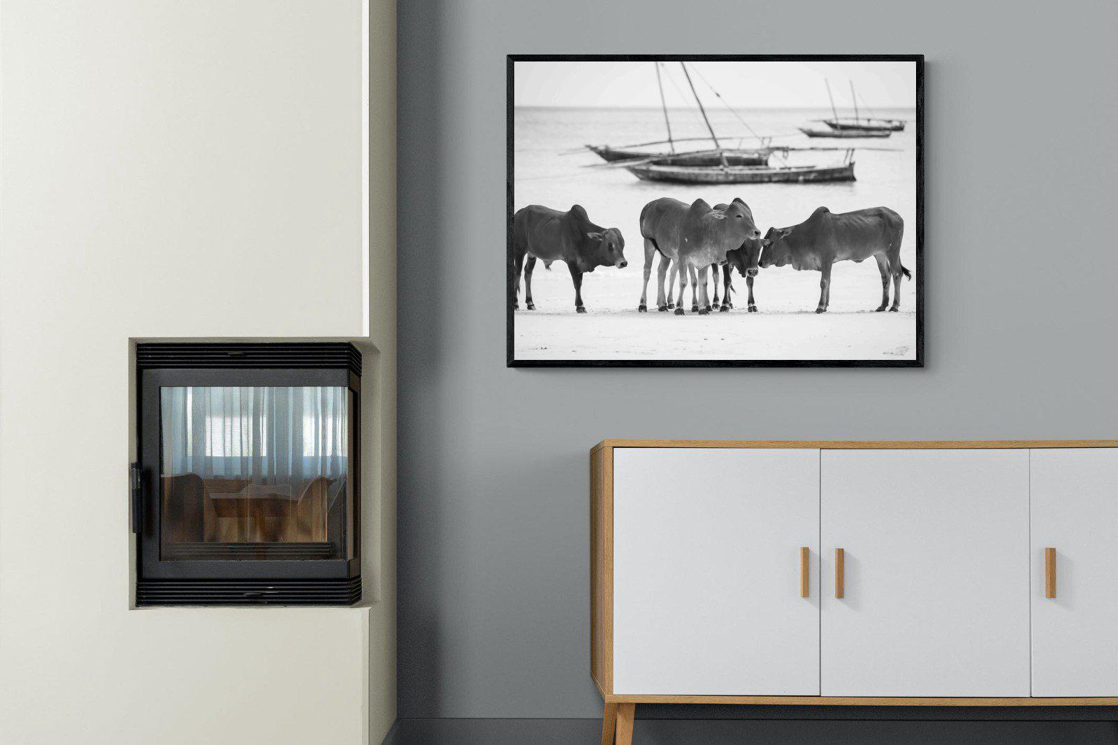 Beach Cattle-Wall_Art-100 x 75cm-Mounted Canvas-Black-Pixalot