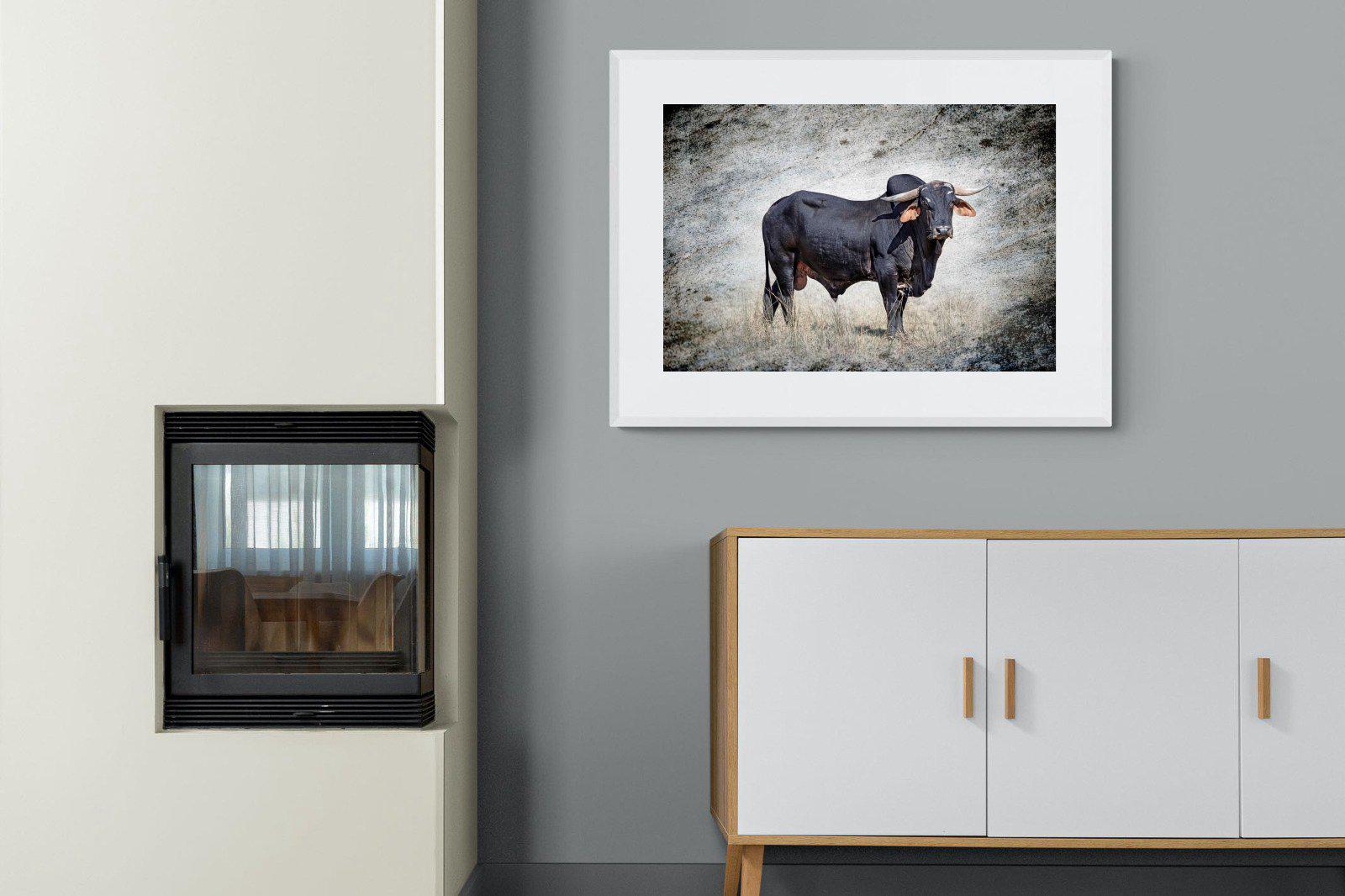 Black Bull-Wall_Art-100 x 75cm-Framed Print-White-Pixalot