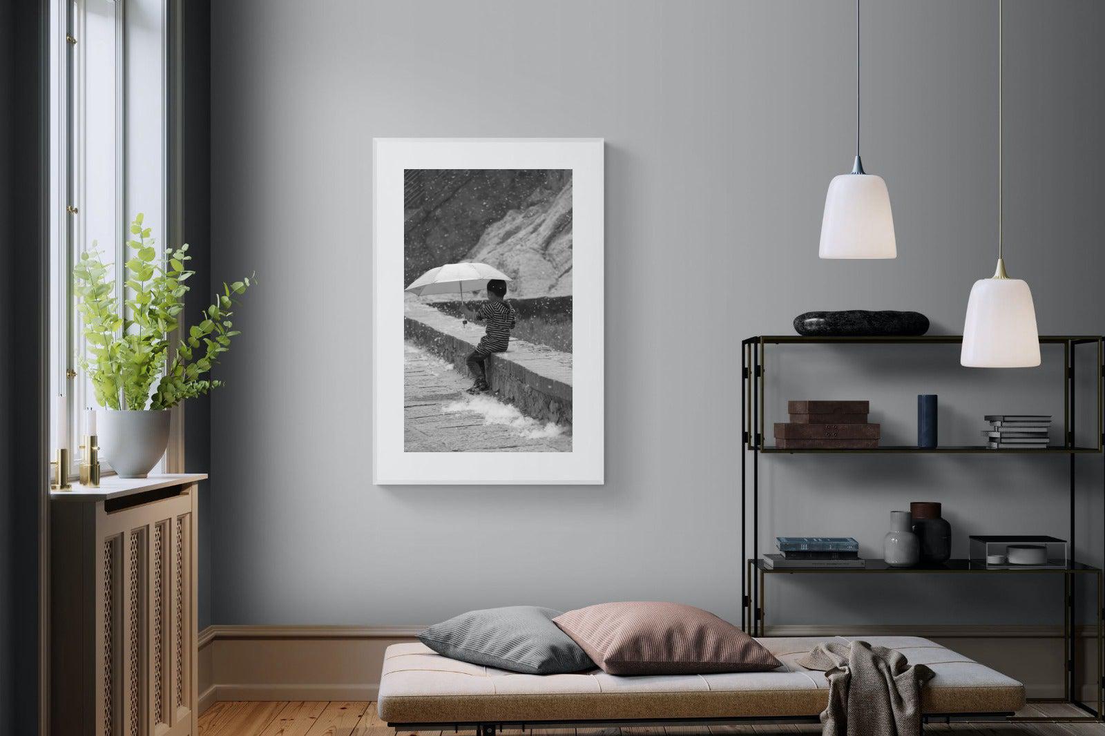 Boy & Brolly-Wall_Art-100 x 150cm-Framed Print-White-Pixalot
