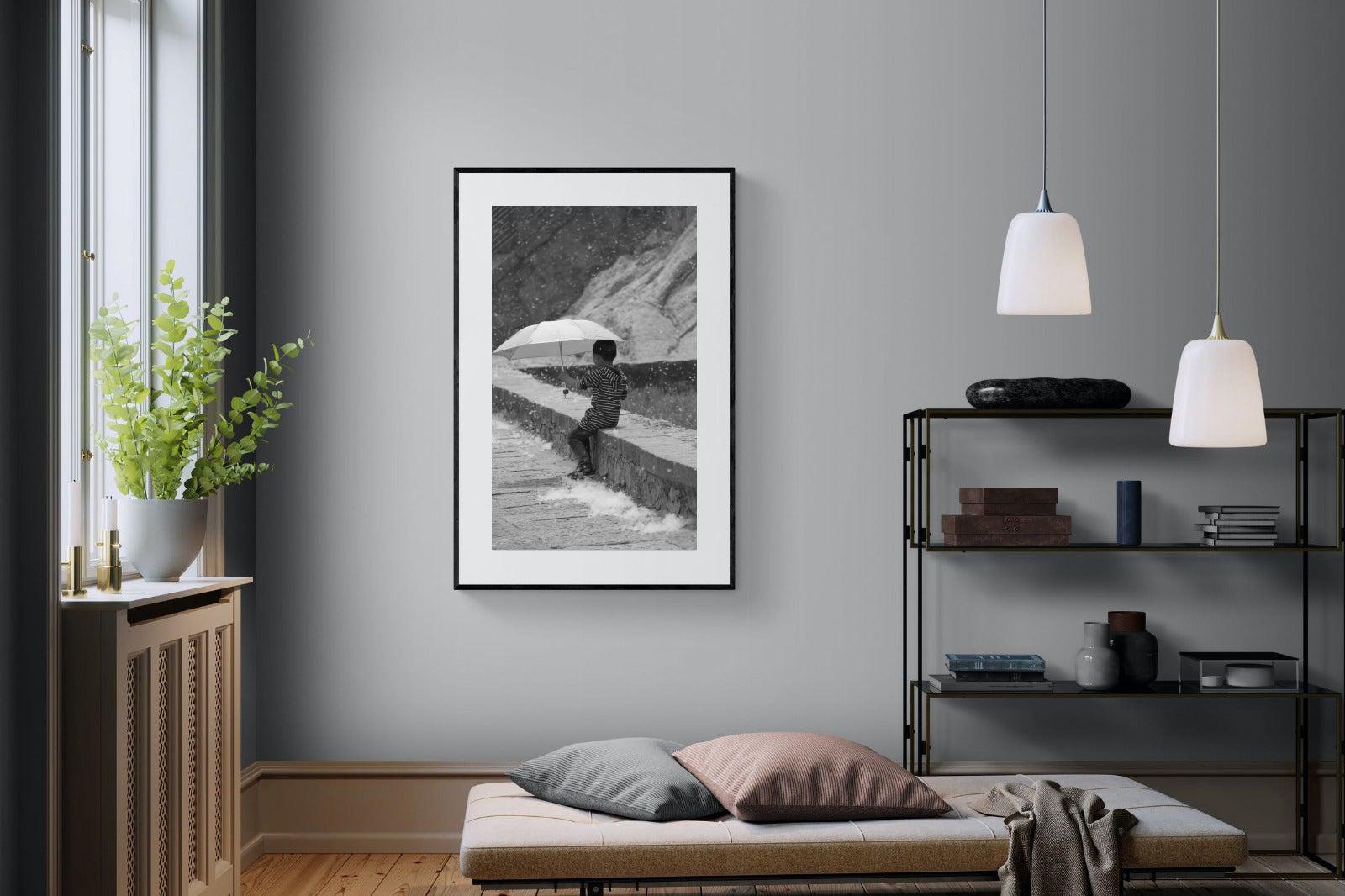 Boy & Brolly-Wall_Art-100 x 150cm-Framed Print-Black-Pixalot