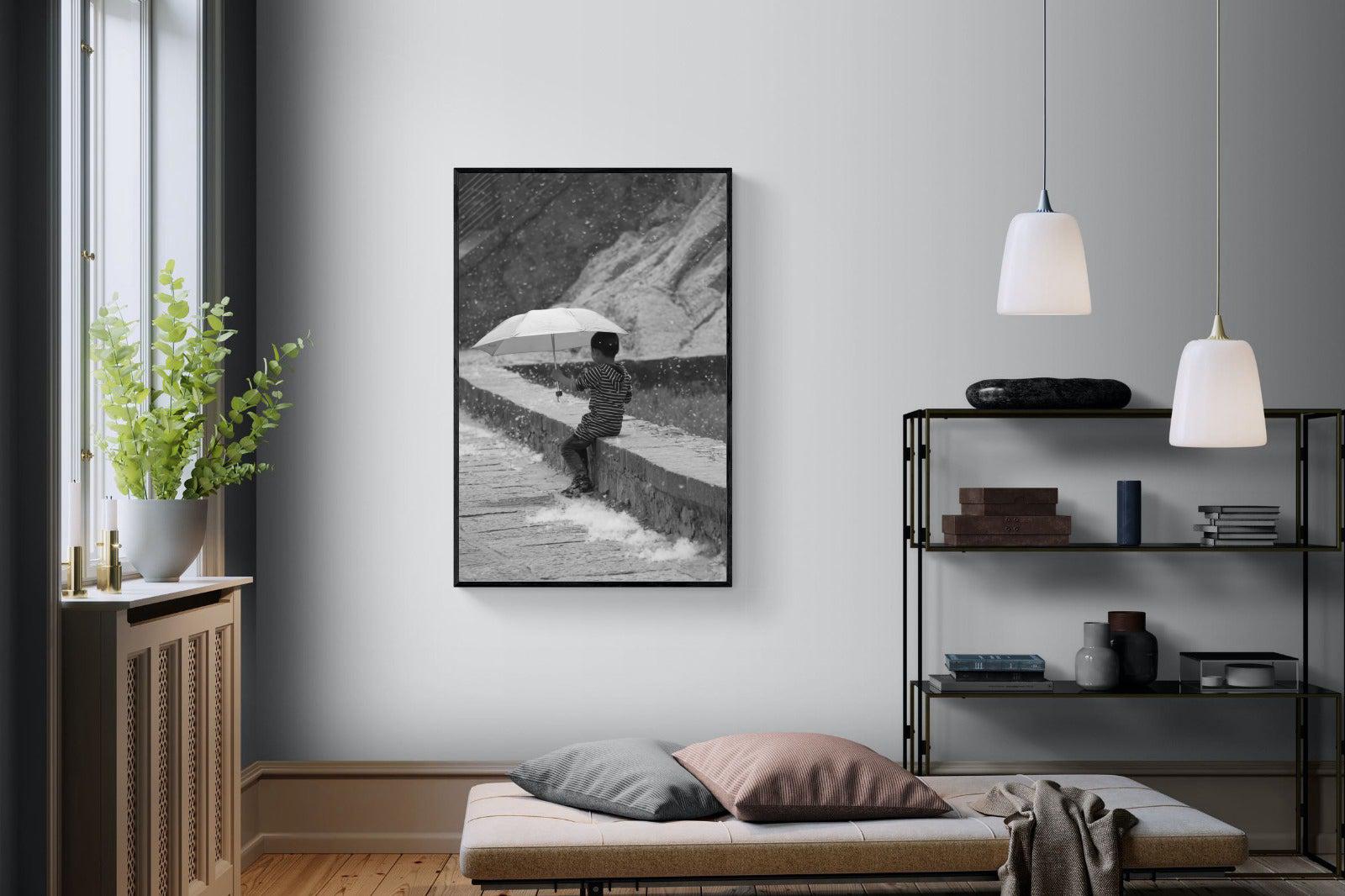 Boy & Brolly-Wall_Art-100 x 150cm-Mounted Canvas-Black-Pixalot