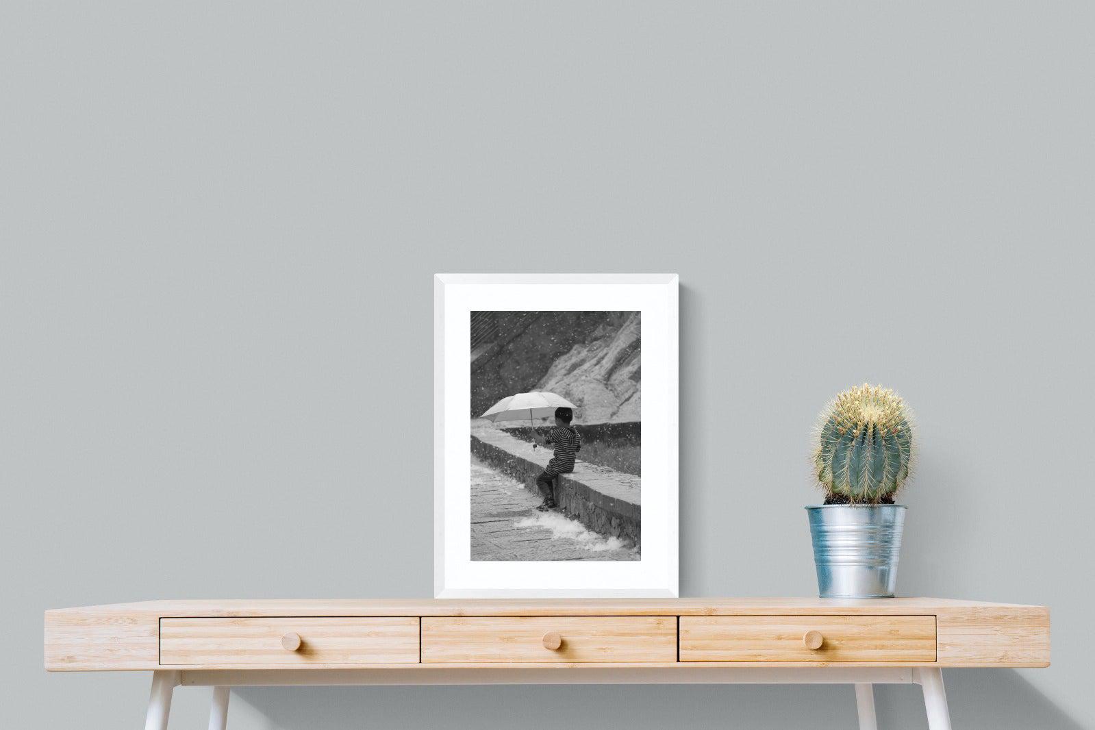 Boy & Brolly-Wall_Art-45 x 60cm-Framed Print-White-Pixalot