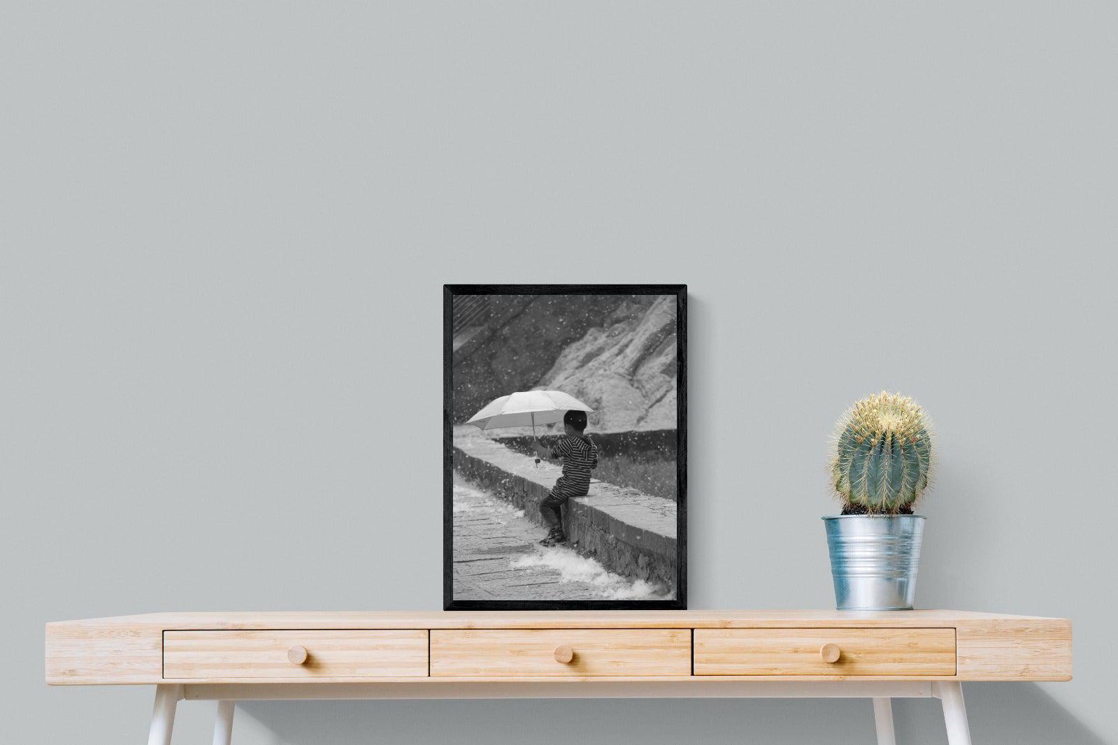 Boy & Brolly-Wall_Art-45 x 60cm-Mounted Canvas-Black-Pixalot